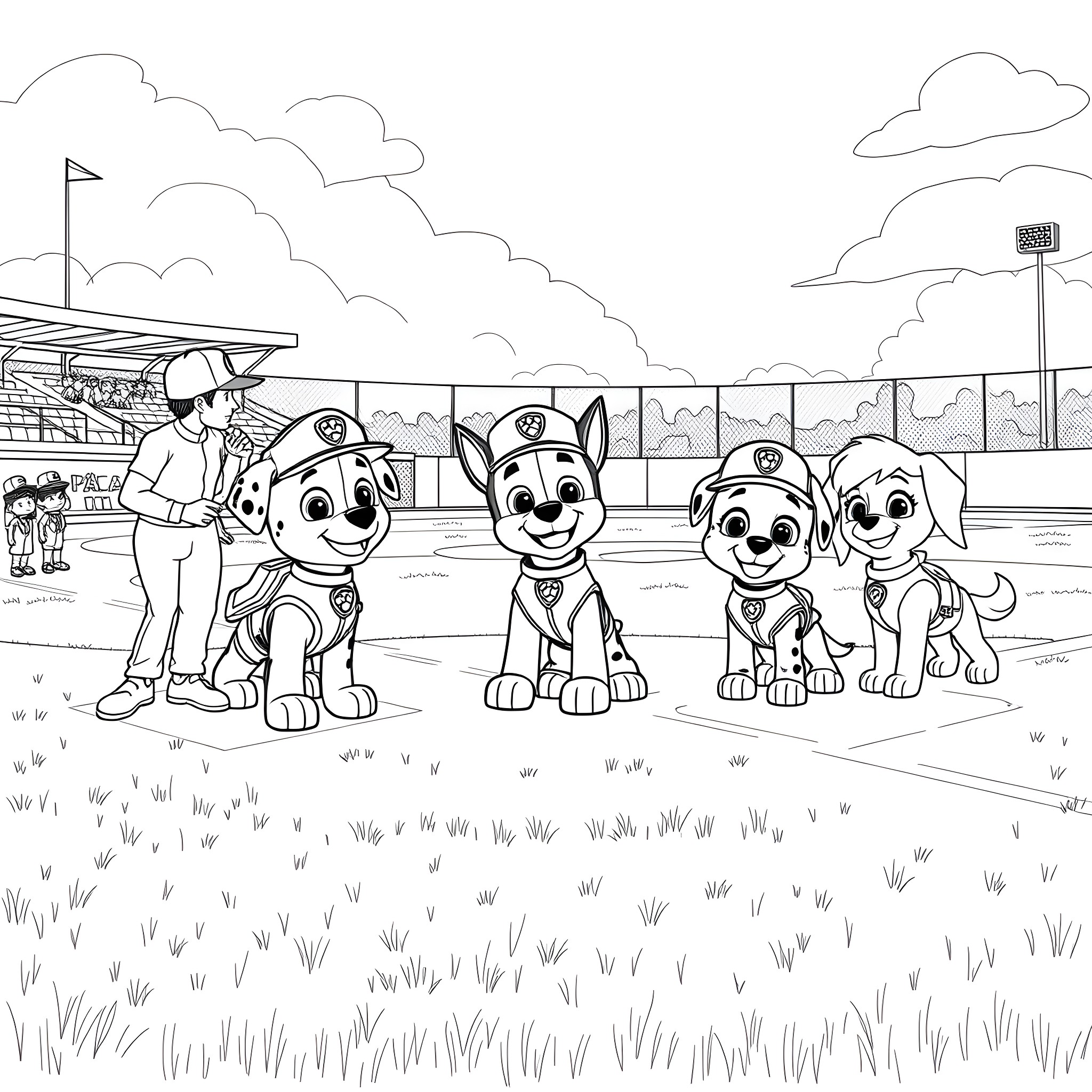 Paw Patrol pups on the playing field Coloring Page (free black-and-white line drawing printable PDF for all, from beginners to advanced learners, including children, teens, adults, and seniors)