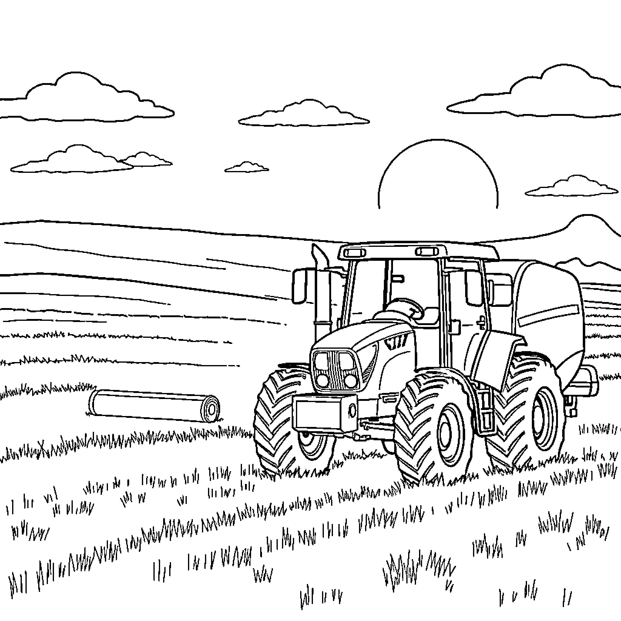 Tractor working in the countryside landscape Coloring Page (free black-and-white line drawing printable PDF for all, from beginners to advanced learners, including children, teens, adults, and seniors)