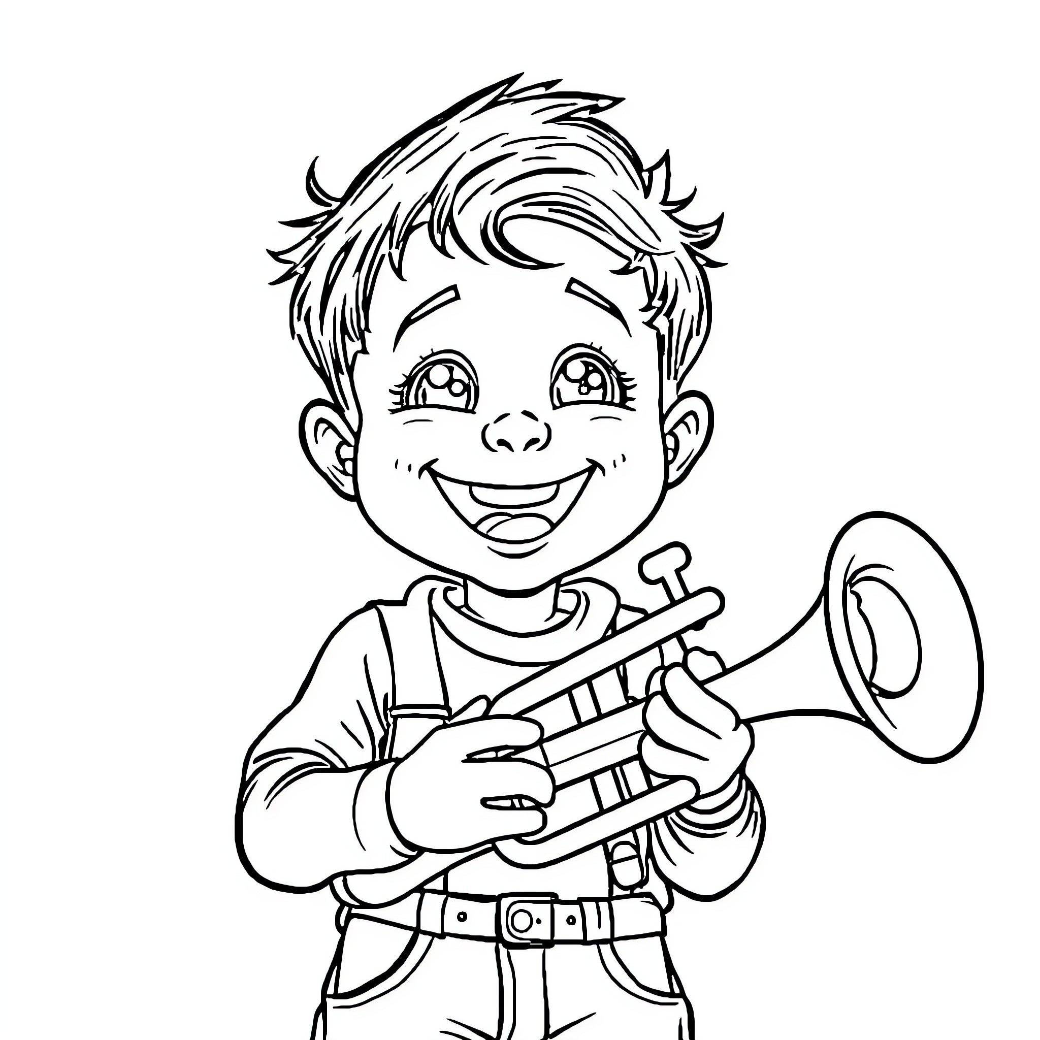 Boy playing cheerfully with his trumpet Coloring Page (free black-and-white line drawing printable PDF for all, from beginners to advanced learners, including children, teens, adults, and seniors)