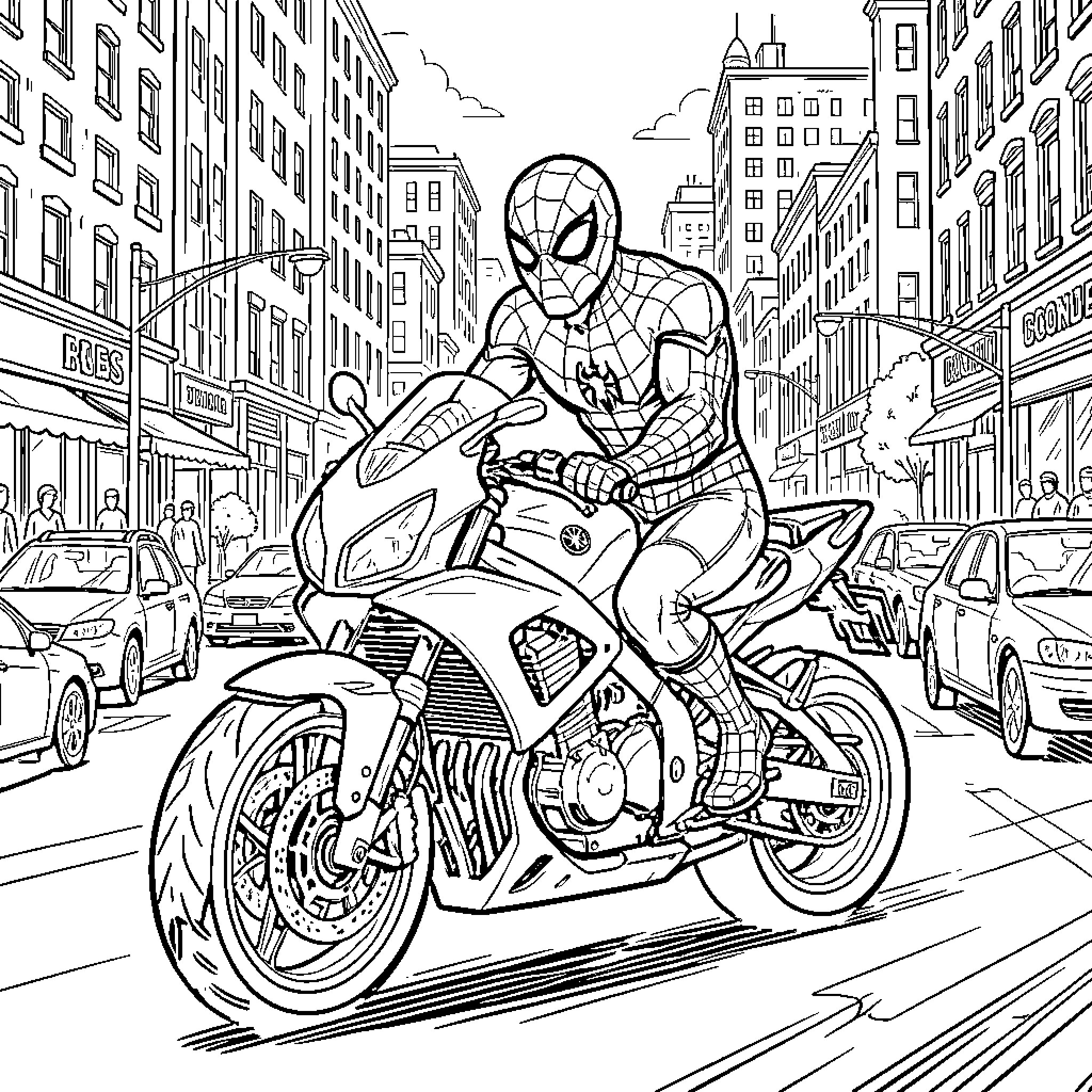 Spiderman riding a motorcycle through a busy city street Coloring Page (free black-and-white line drawing printable PDF for all, from beginners to advanced learners, including children, teens, adults, and seniors)