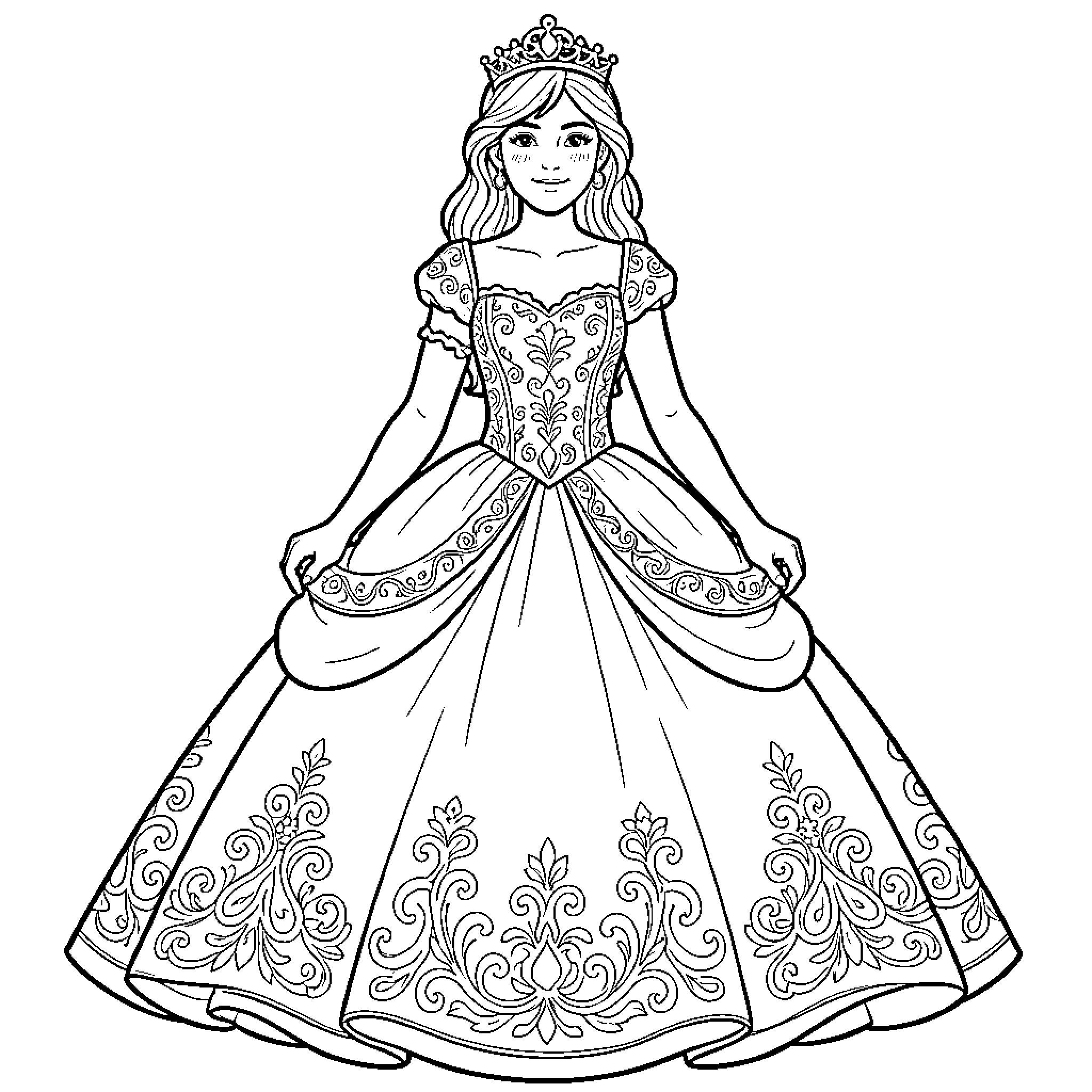 Cristiano Royalty in Ornate Gown Coloring Page (free black-and-white line drawing printable PDF for all, from beginners to advanced learners, including children, teens, adults, and seniors)