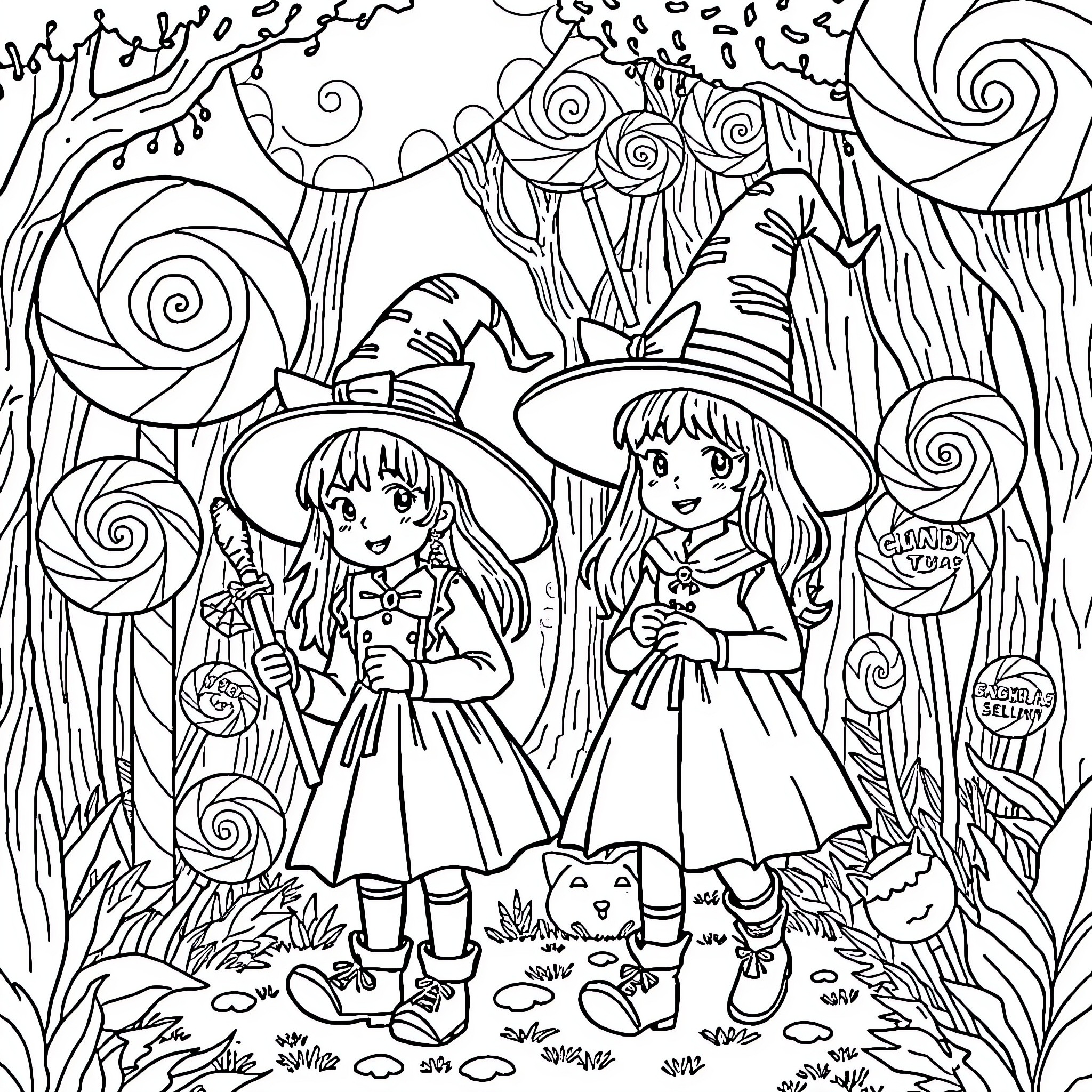 Sister Witches Exploring the Enchanted Forest Coloring Page (free black-and-white line drawing printable PDF for all, from beginners to advanced learners, including children, teens, adults, and seniors)