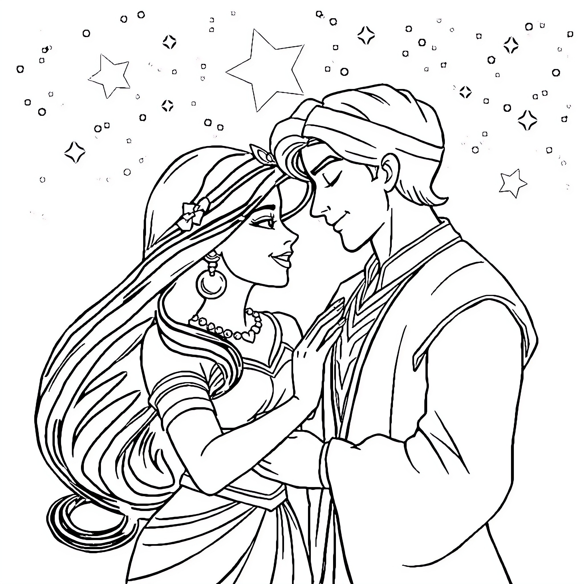 Jasmine and Prince Charming in a starry night Coloring Page (free black-and-white line drawing printable PDF for all, from beginners to advanced learners, including children, teens, adults, and seniors)