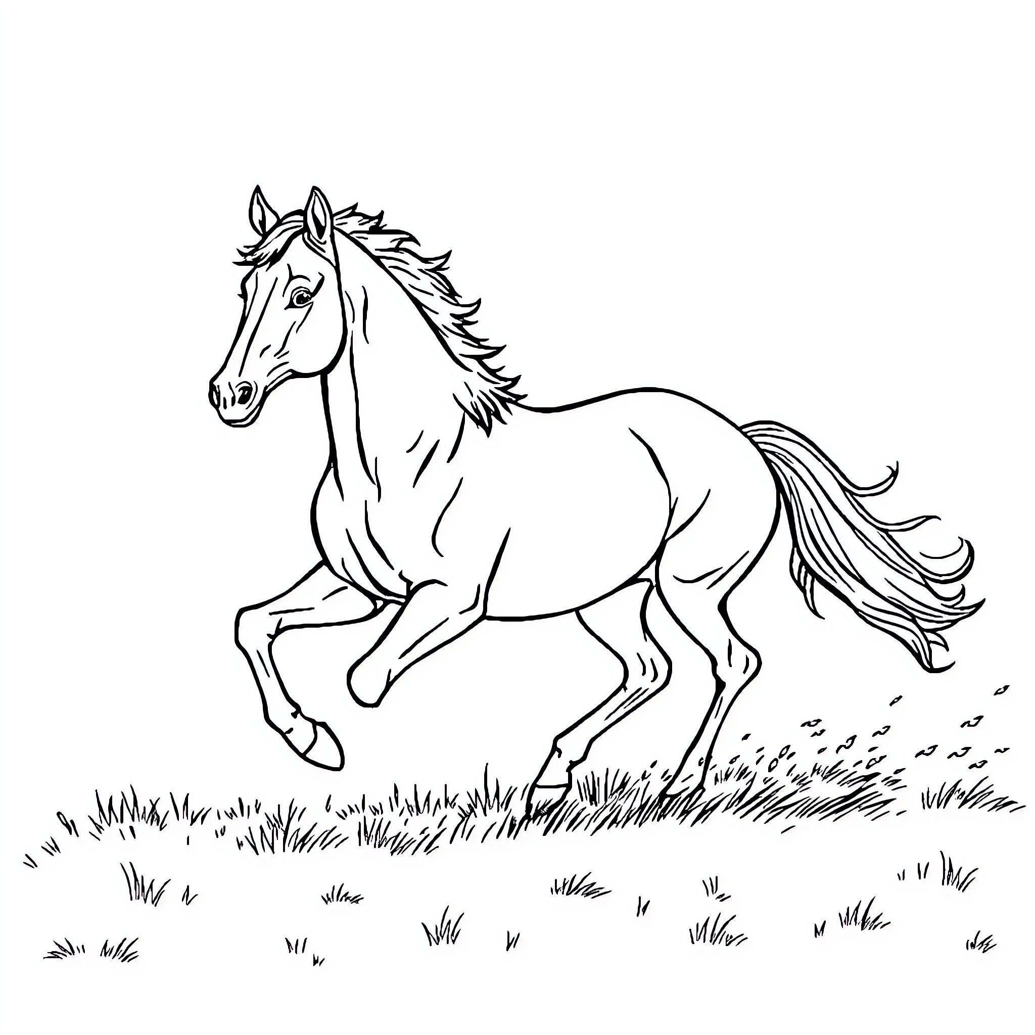 Horse galloping through grassy field Coloring Page (free black-and-white line drawing printable PDF for all, from beginners to advanced learners, including children, teens, adults, and seniors)
