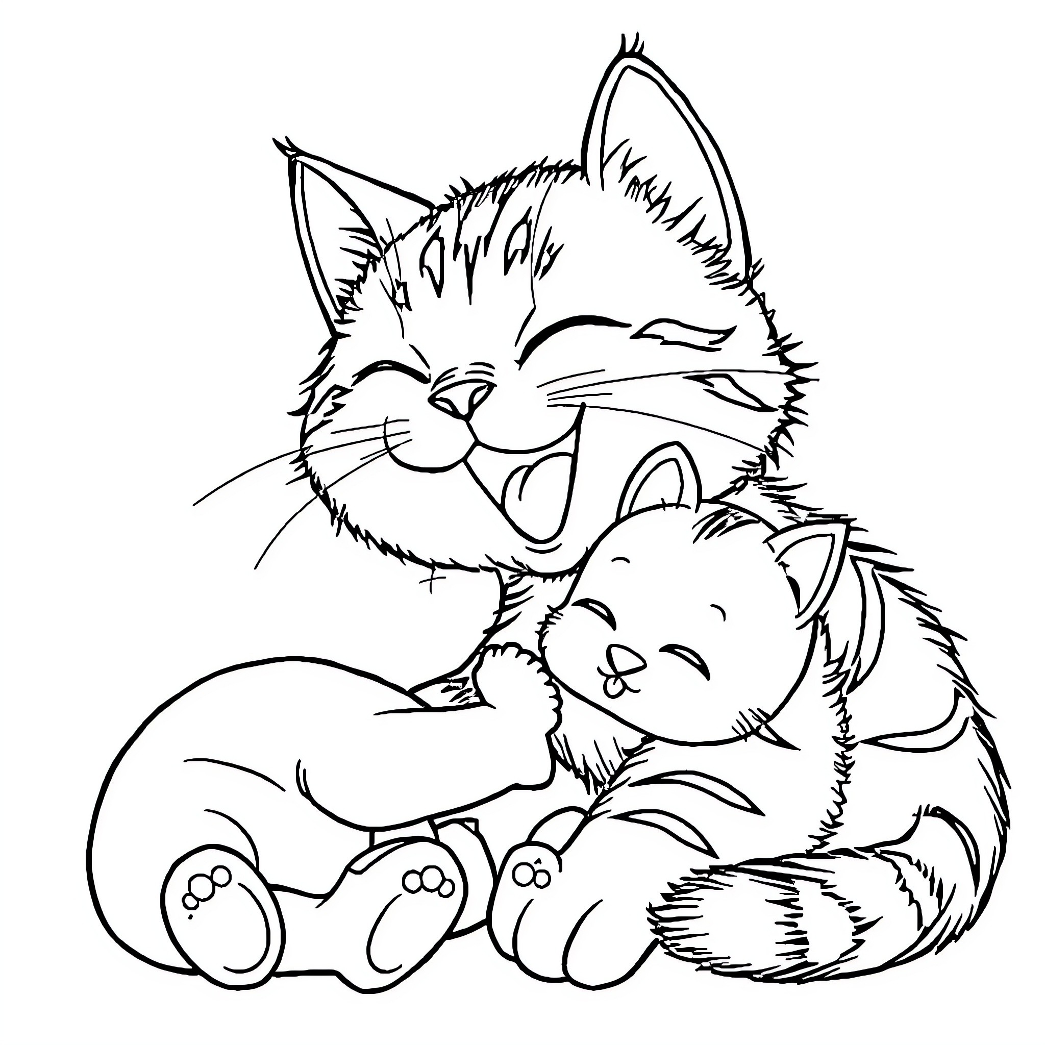 Siamese Cats relaxing and cuddling Coloring Page (free black-and-white line drawing printable PDF for all, from beginners to advanced learners, including children, teens, adults, and seniors)