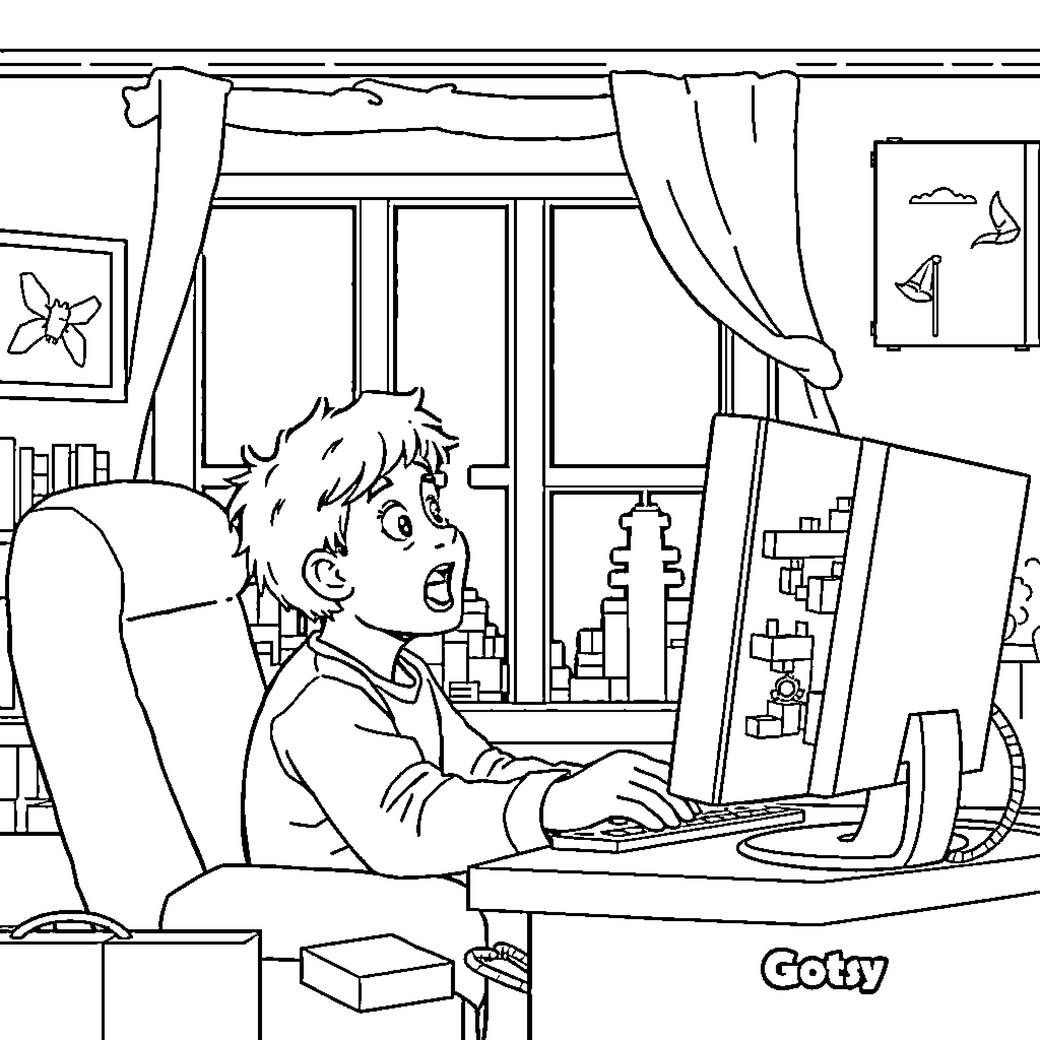 Macaulay Culkin working diligently on a computer in his room Coloring Page (free black-and-white line drawing printable PDF for all, from beginners to advanced learners, including children, teens, adults, and seniors)