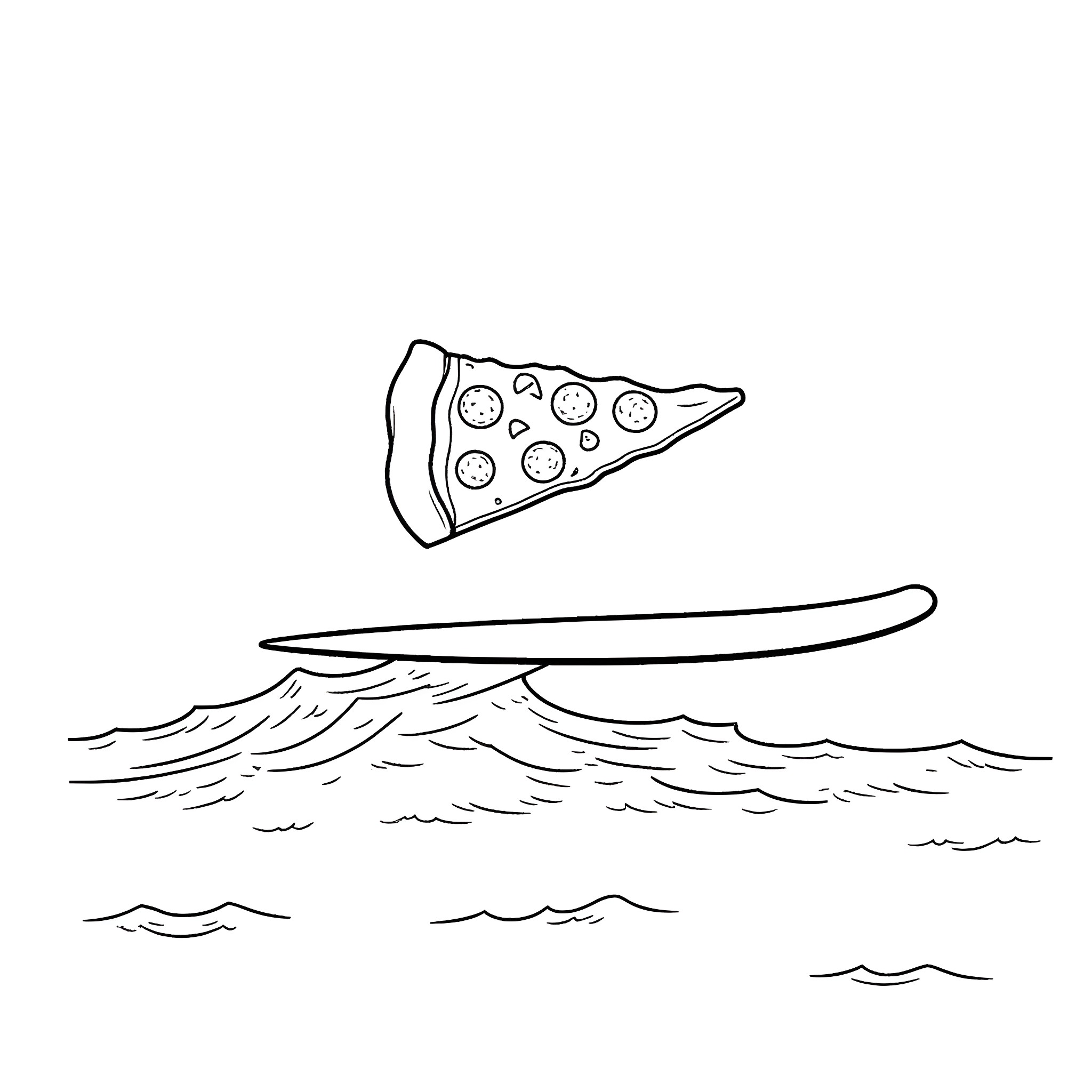 Pizza slice riding a surfboard on the waves Coloring Page (free black-and-white line drawing printable PDF for all, from beginners to advanced learners, including children, teens, adults, and seniors)
