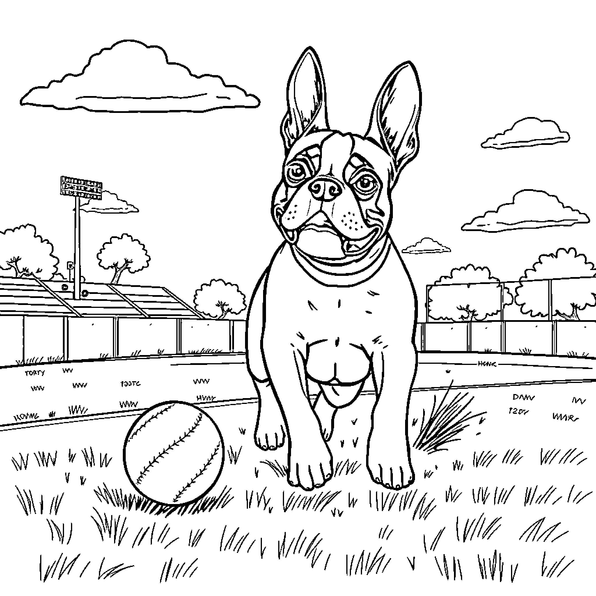 Boston Terrier playing in the park Coloring Page (free black-and-white line drawing printable PDF for all, from beginners to advanced learners, including children, teens, adults, and seniors)