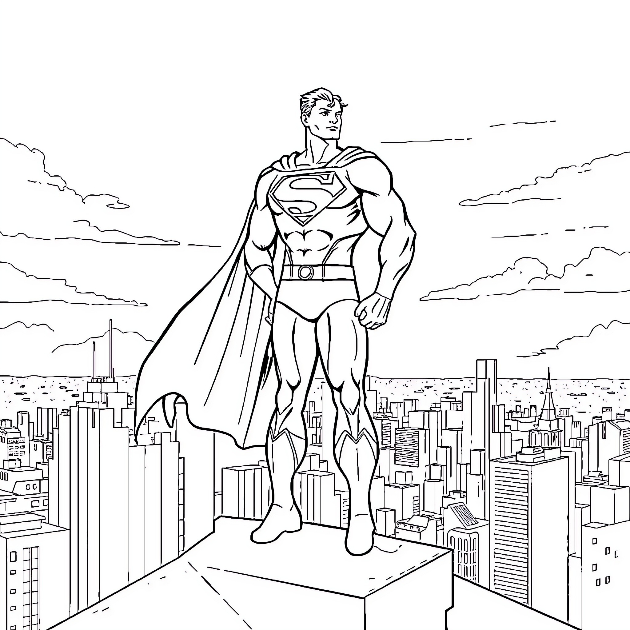 Superman overlooking the city skyline Coloring Page (free black-and-white line drawing printable PDF for all, from beginners to advanced learners, including children, teens, adults, and seniors)