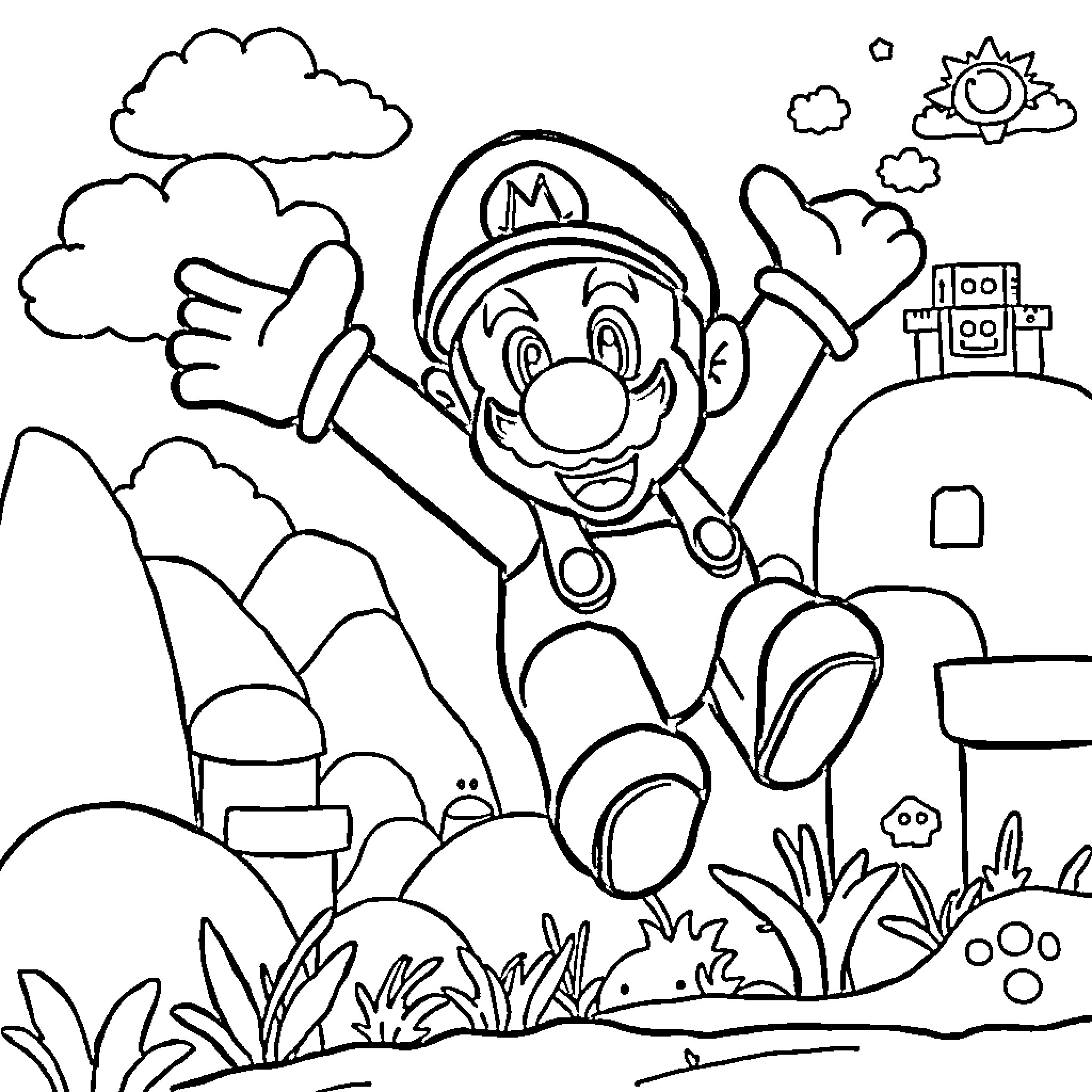 Mario jumping with excitement in a scenic landscape Coloring Page (free black-and-white line drawing printable PDF for all, from beginners to advanced learners, including children, teens, adults, and seniors)