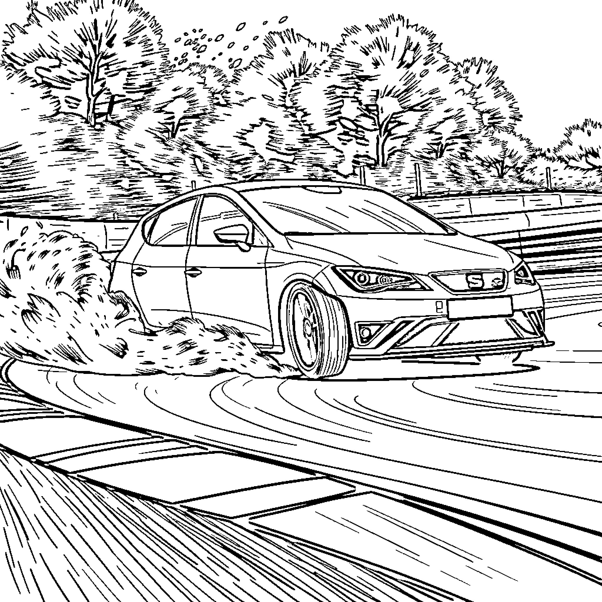 Seat speeding down the winding road Coloring Page (free black-and-white line drawing printable PDF for all, from beginners to advanced learners, including children, teens, adults, and seniors)