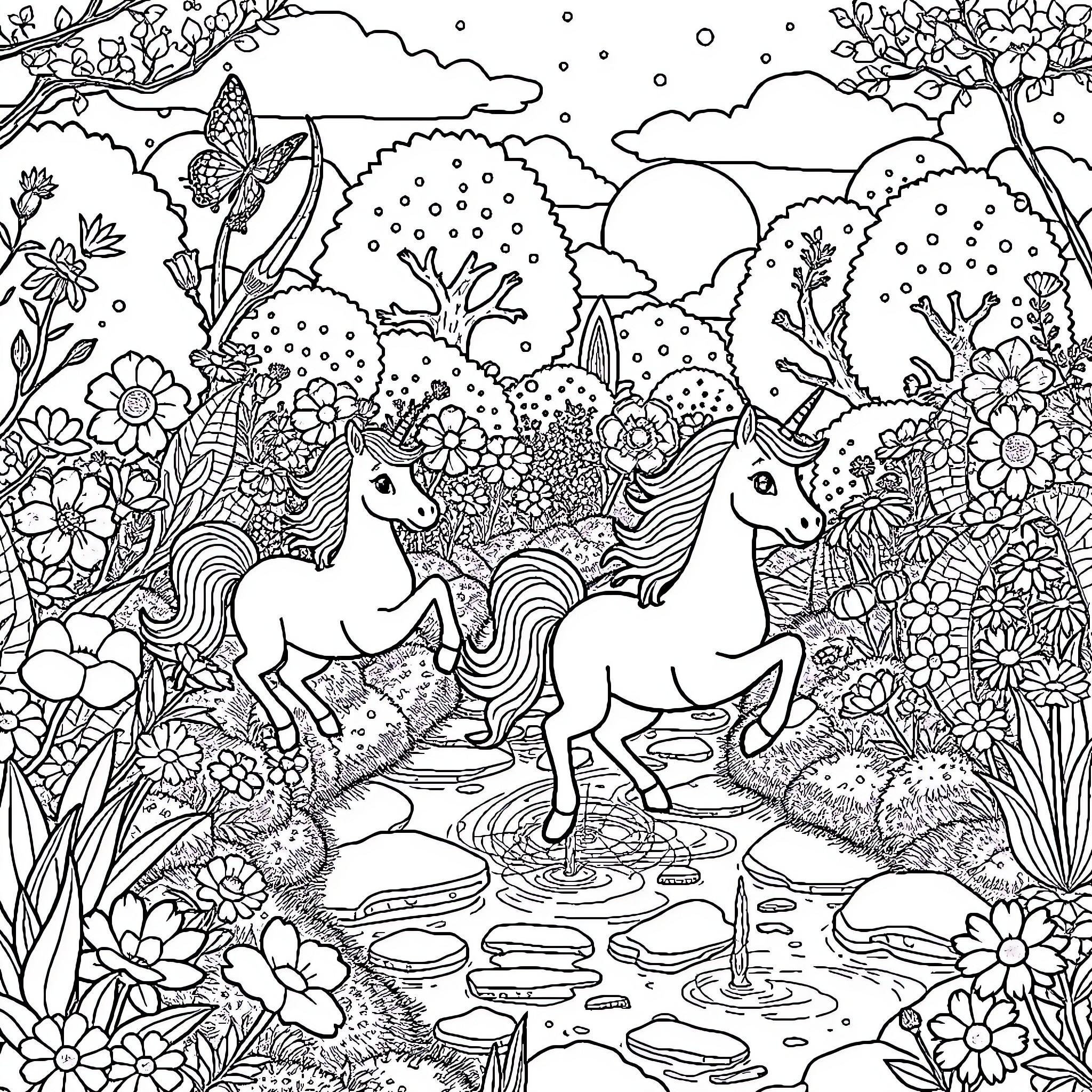 Unicorn Enchantment in a Whimsical Garden Coloring Page (free black-and-white line drawing printable PDF for all, from beginners to advanced learners, including children, teens, adults, and seniors)