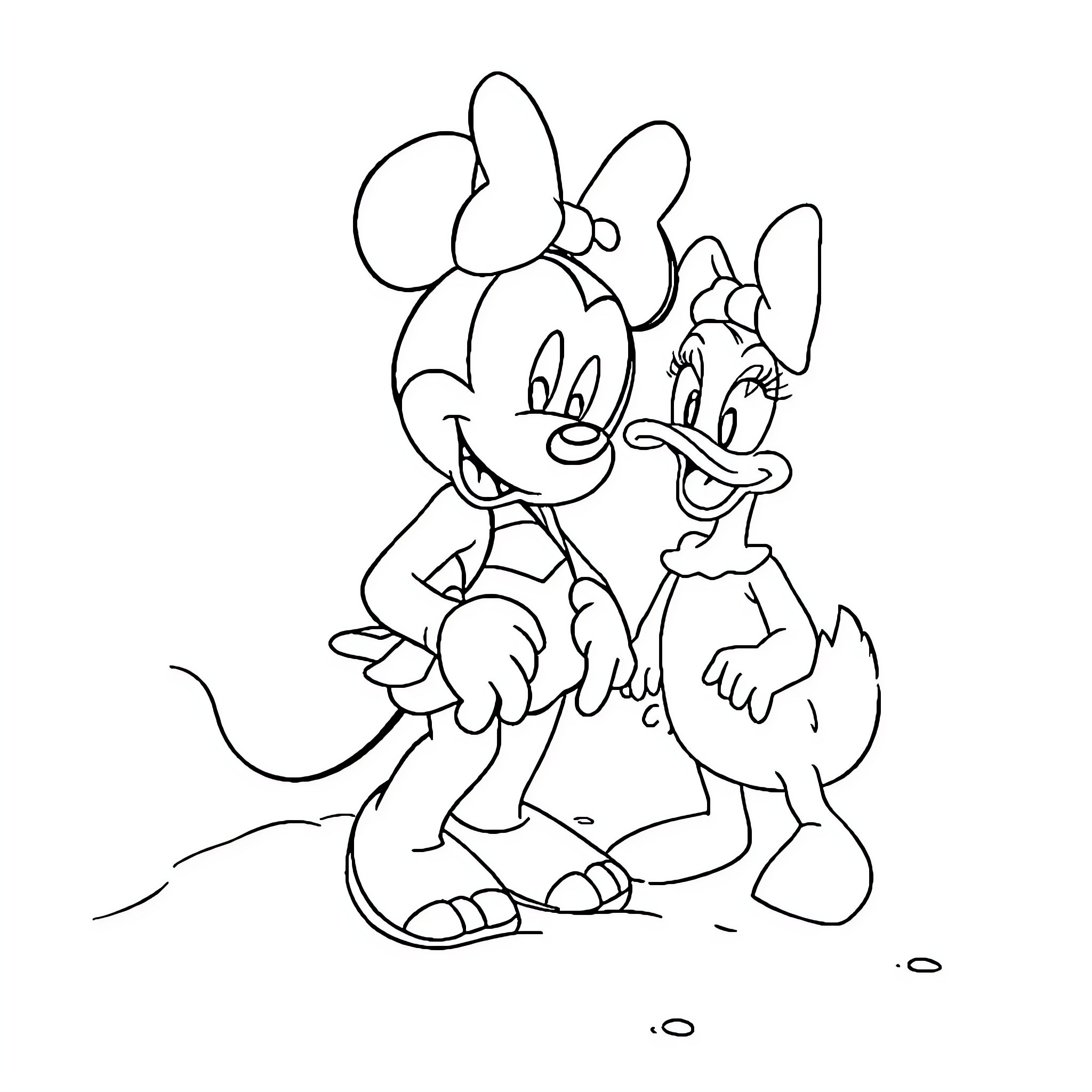 Minnie Mouse and a cartoon companion Coloring Page (free black-and-white line drawing printable PDF for all, from beginners to advanced learners, including children, teens, adults, and seniors)