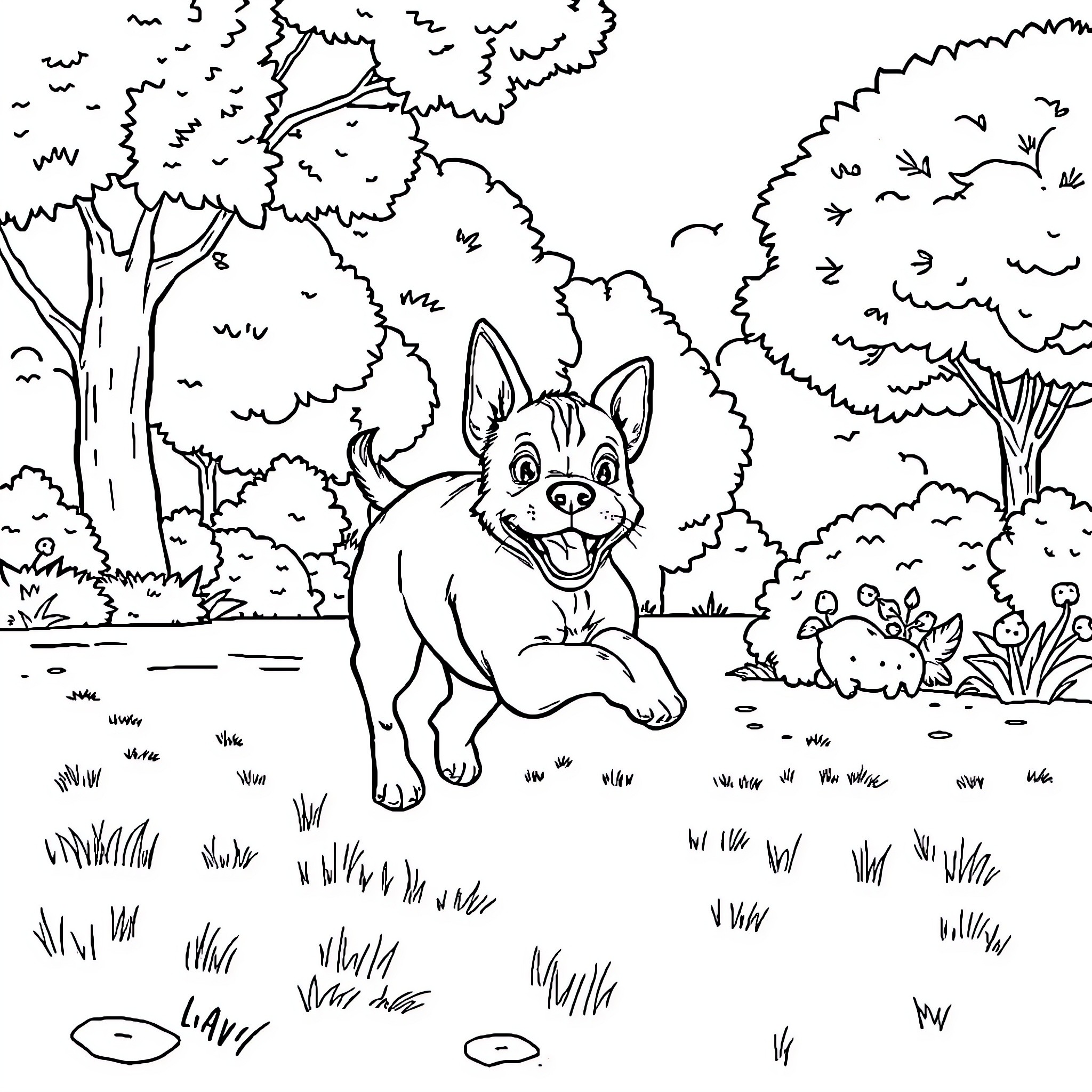 Dog running playfully in the forest Coloring Page (free black-and-white line drawing printable PDF for all, from beginners to advanced learners, including children, teens, adults, and seniors)