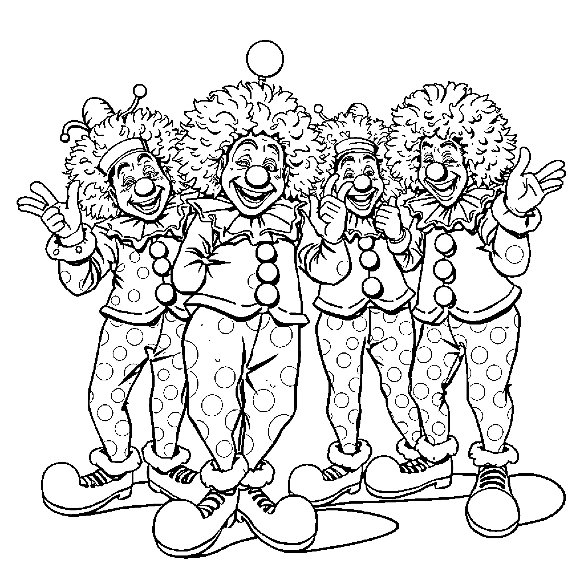 Clowns performing together in a playful and animated manner Coloring Page (free black-and-white line drawing printable PDF for all, from beginners to advanced learners, including children, teens, adults, and seniors)