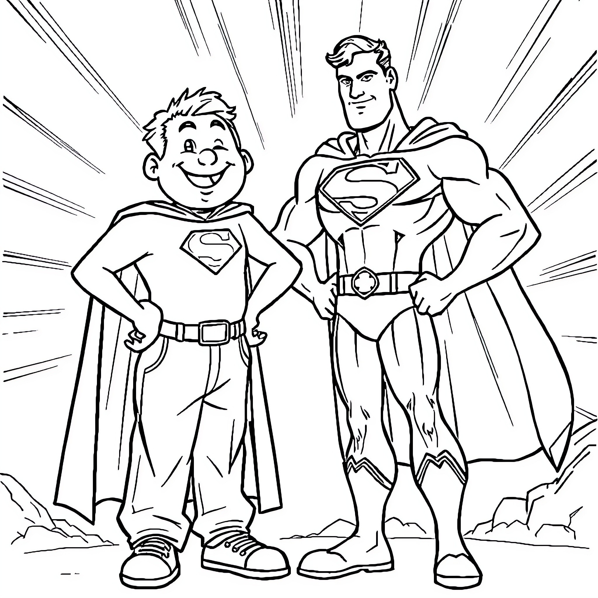 Bob esponja and superhero in action-packed adventure Coloring Page (free black-and-white line drawing printable PDF for all, from beginners to advanced learners, including children, teens, adults, and seniors)