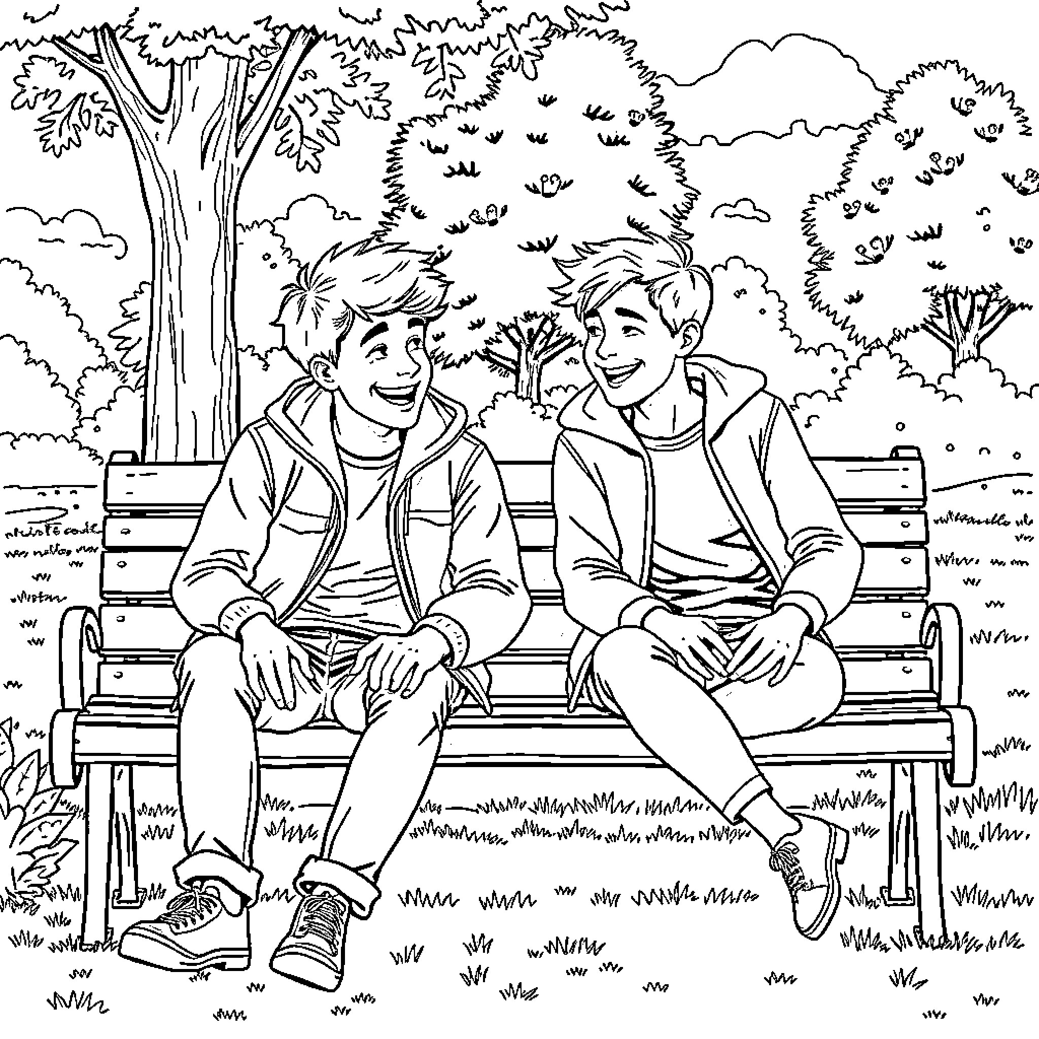Nick and Charlie enjoy a peaceful day in the park Coloring Page (free black-and-white line drawing printable PDF for all, from beginners to advanced learners, including children, teens, adults, and seniors)
