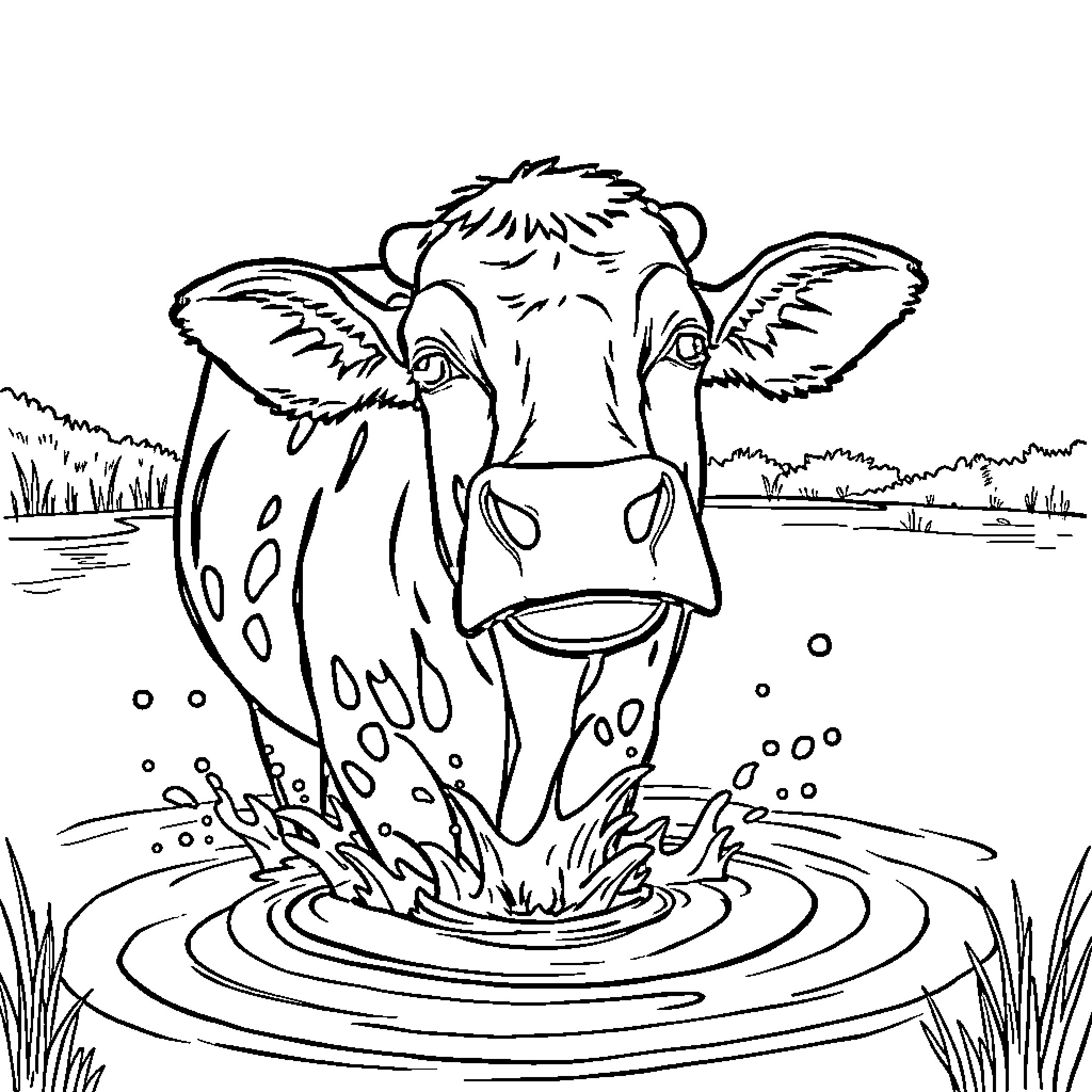 Cow splashing in water with playful expression Coloring Page (free black-and-white line drawing printable PDF for all, from beginners to advanced learners, including children, teens, adults, and seniors)