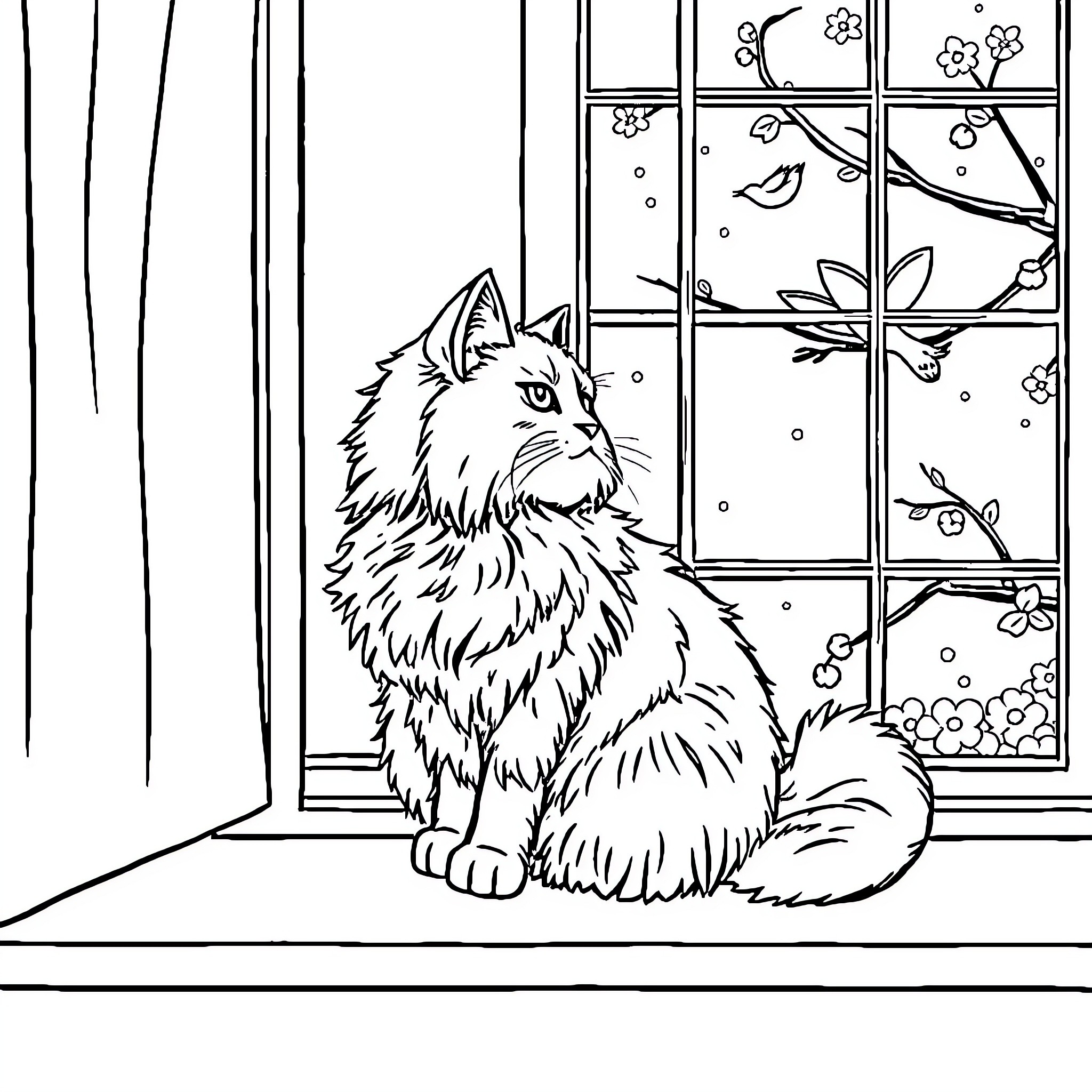 Cat gazing out the window on a snowy day Coloring Page (free black-and-white line drawing printable PDF for all, from beginners to advanced learners, including children, teens, adults, and seniors)