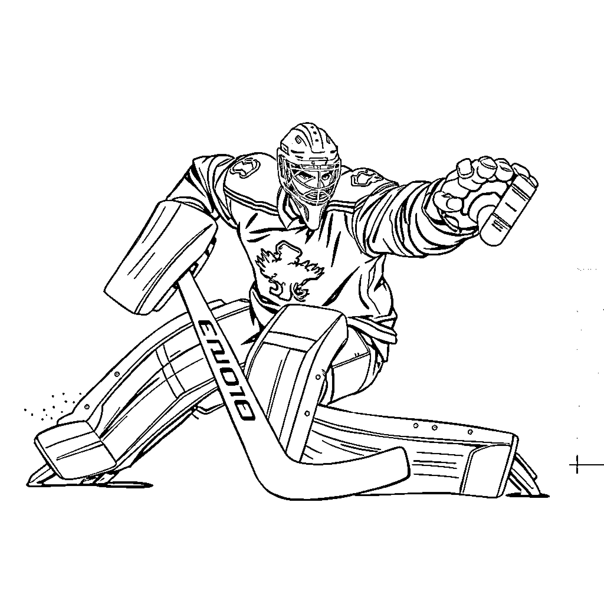 Hockey Goalie Blocking Shot with Intense Focus Coloring Page (free black-and-white line drawing printable PDF for all, from beginners to advanced learners, including children, teens, adults, and seniors)