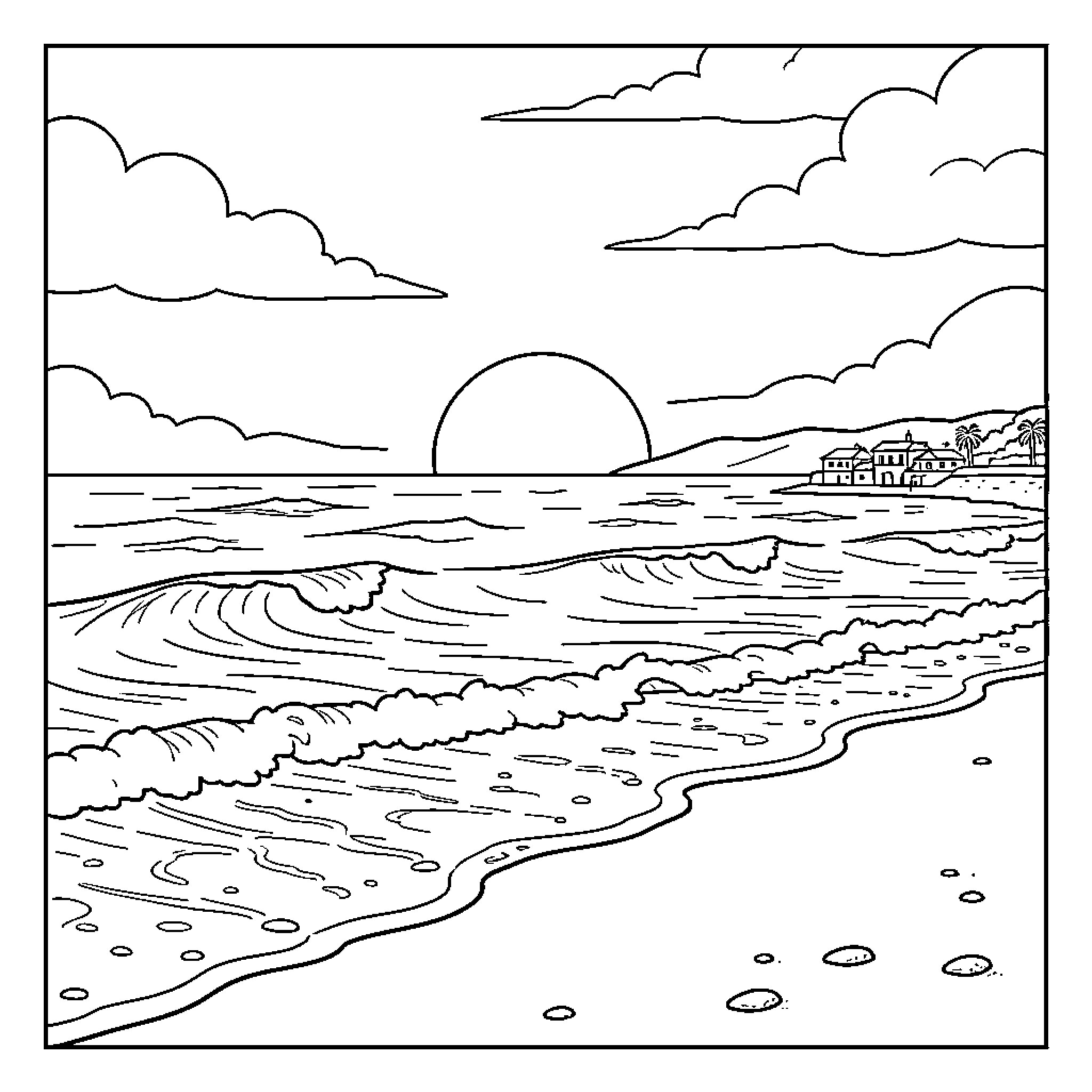 Sunset over ocean waves hitting a sandy beach Coloring Page (free black-and-white line drawing printable PDF for all, from beginners to advanced learners, including children, teens, adults, and seniors)
