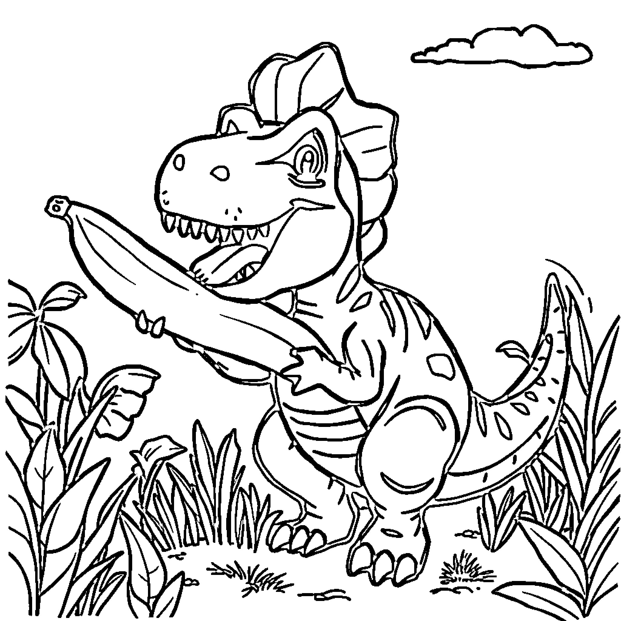 Dino playing in the lush landscape Coloring Page (free black-and-white line drawing printable PDF for all, from beginners to advanced learners, including children, teens, adults, and seniors)