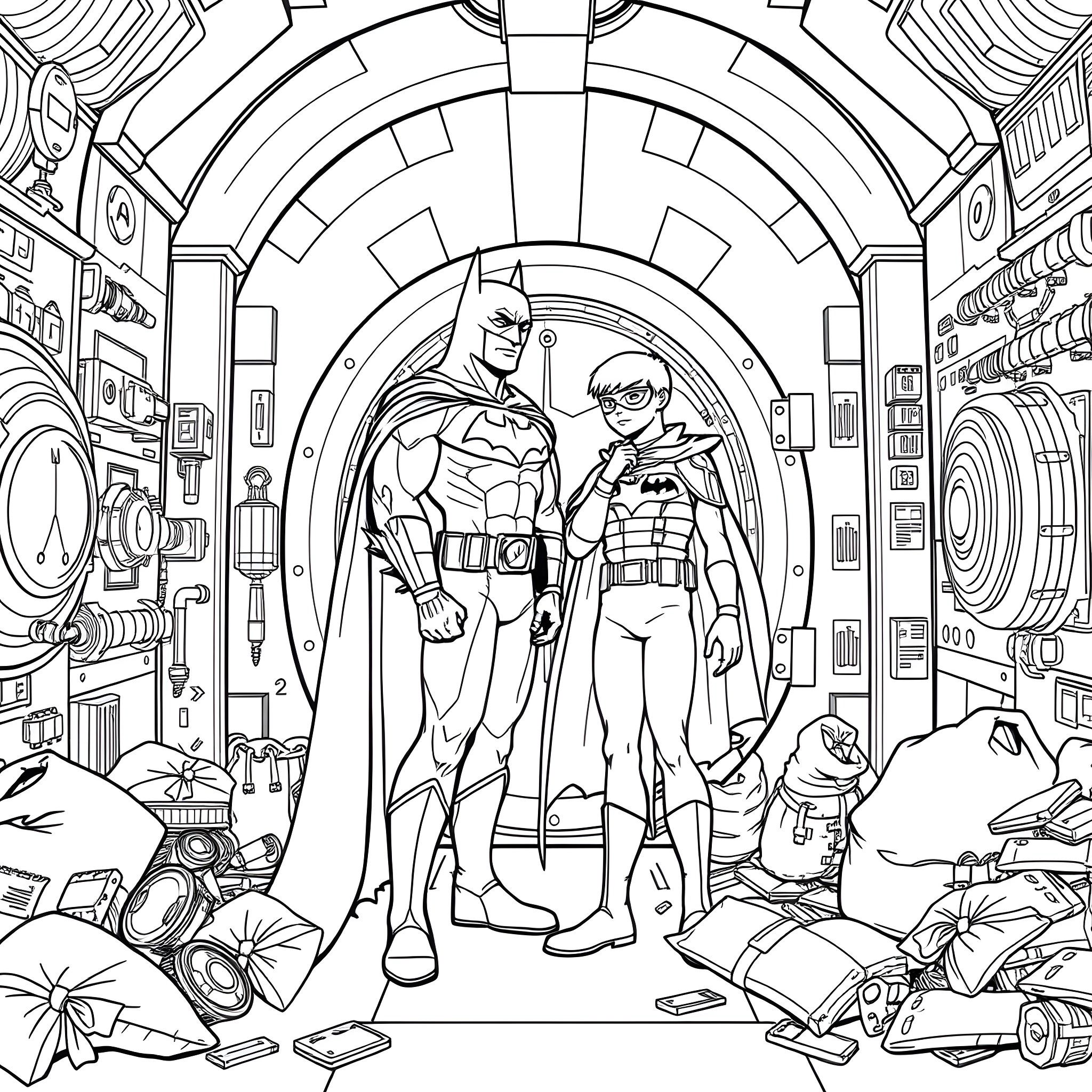 Batman and Robin in their Batcave Coloring Page (free black-and-white line drawing printable PDF for all, from beginners to advanced learners, including children, teens, adults, and seniors)