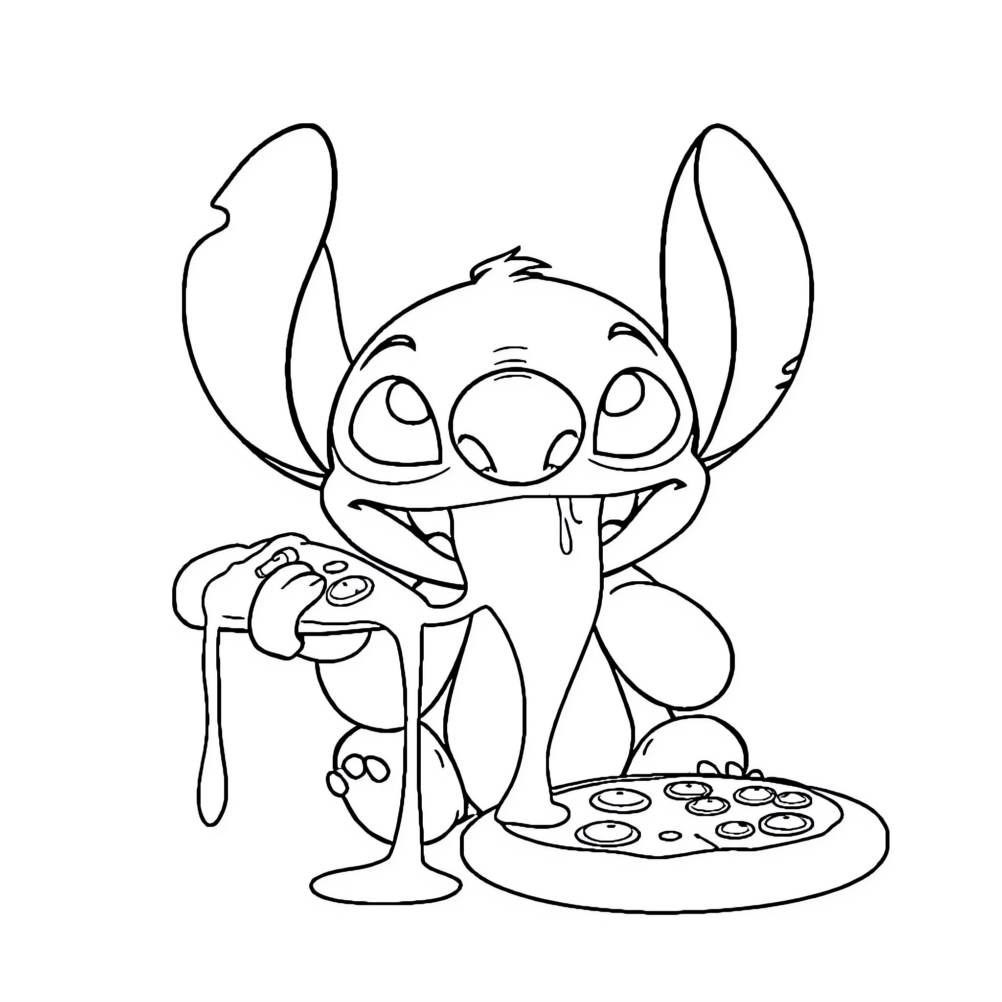 Stitch enjoying delicious treats Coloring Page (free black-and-white line drawing printable PDF for all, from beginners to advanced learners, including children, teens, adults, and seniors)
