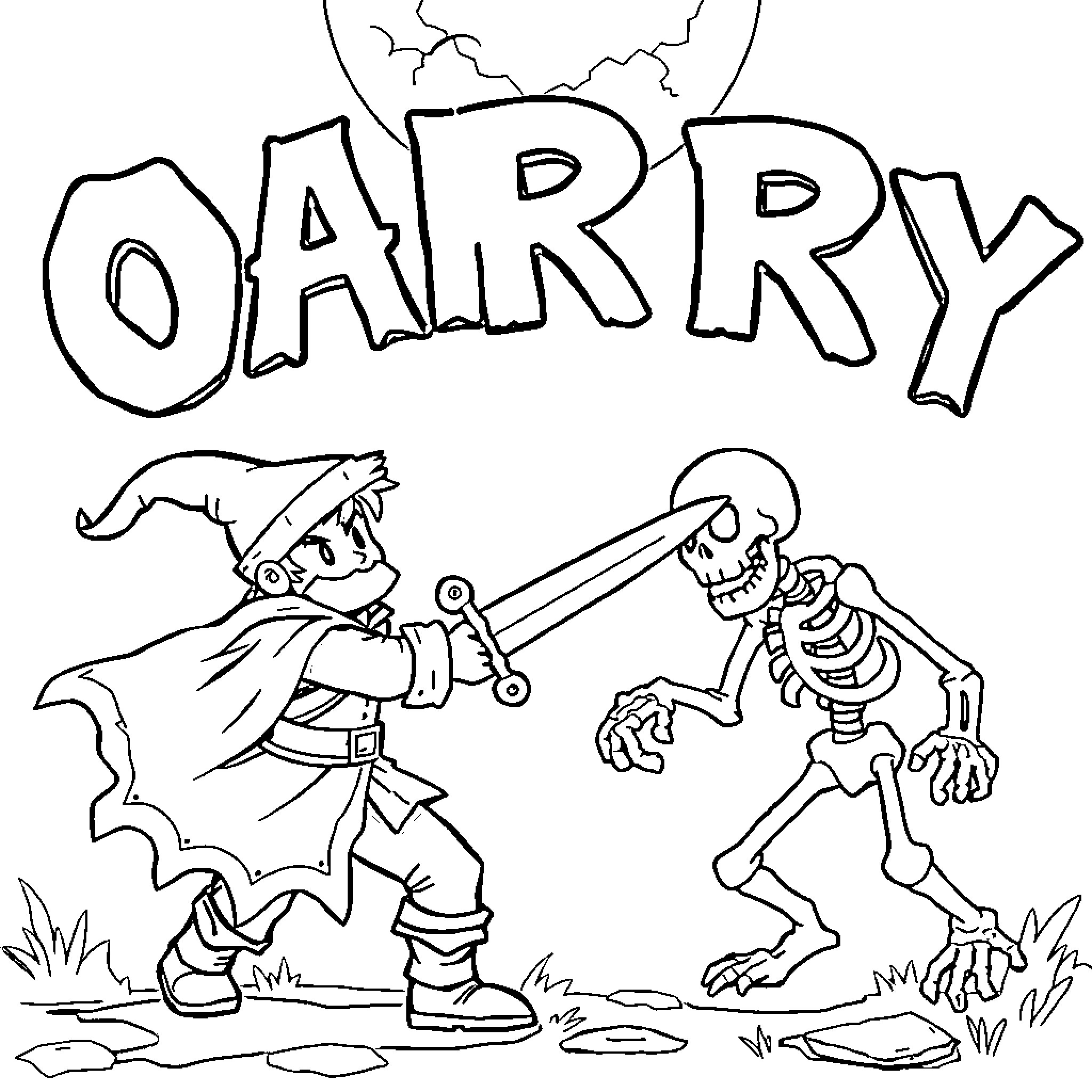 Video Game Character Fighting Skeleton in Spooky Scene Coloring Page (free black-and-white line drawing printable PDF for all, from beginners to advanced learners, including children, teens, adults, and seniors)