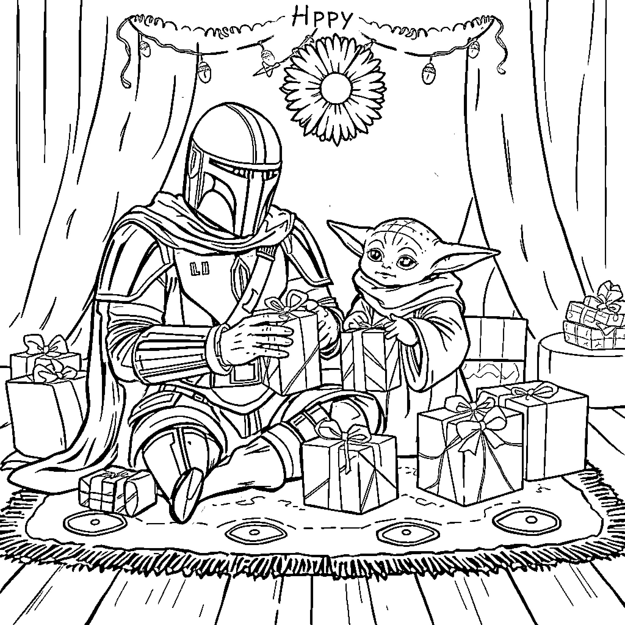 Mandalorian and Baby Yoda Celebrating Happy Holidays Coloring Page (free black-and-white line drawing printable PDF for all, from beginners to advanced learners, including children, teens, adults, and seniors)