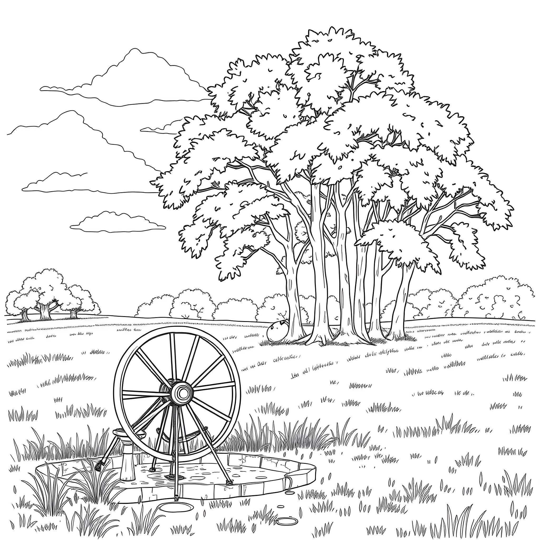 Watering Wheel in Serene Countryside Landscape Coloring Page (free black-and-white line drawing printable PDF for all, from beginners to advanced learners, including children, teens, adults, and seniors)