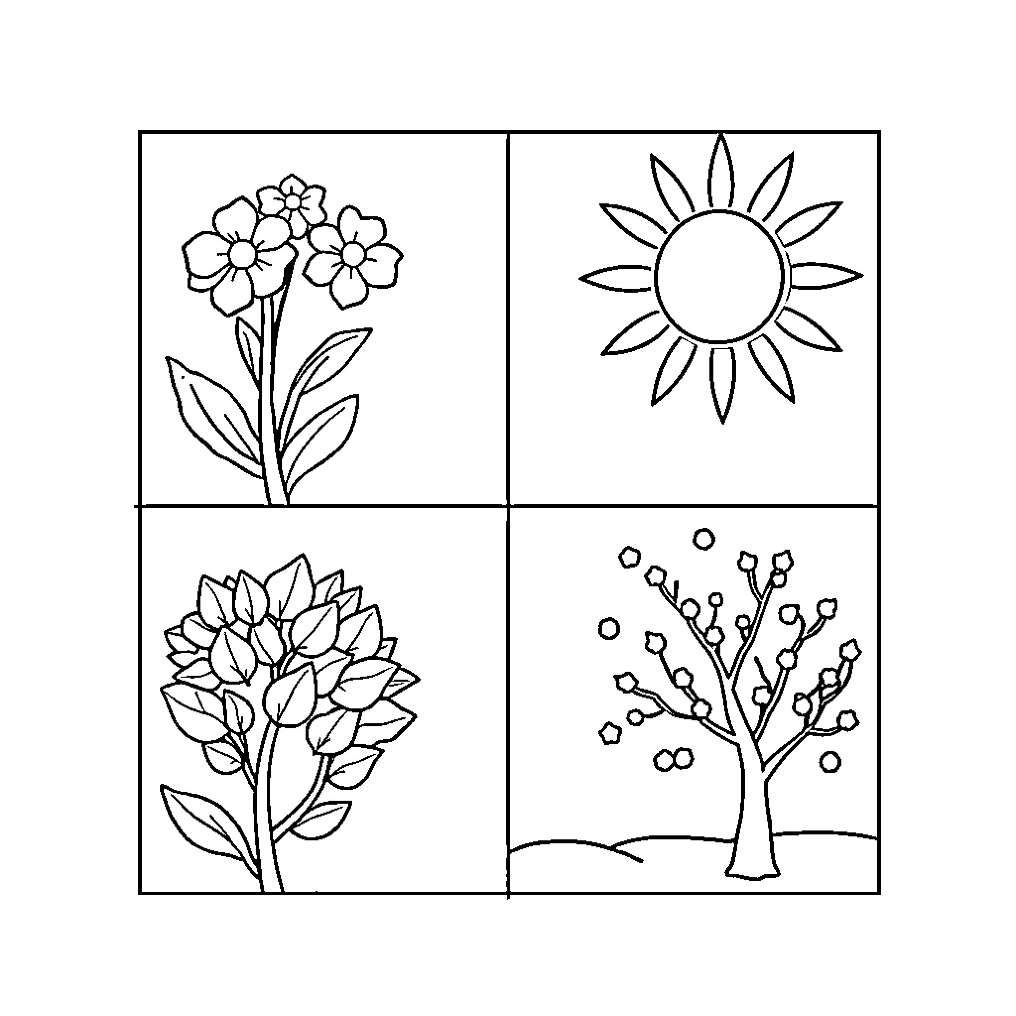 Season of Blooming Flowers and Bright Sun Coloring Page (free black-and-white line drawing printable PDF for all, from beginners to advanced learners, including children, teens, adults, and seniors)