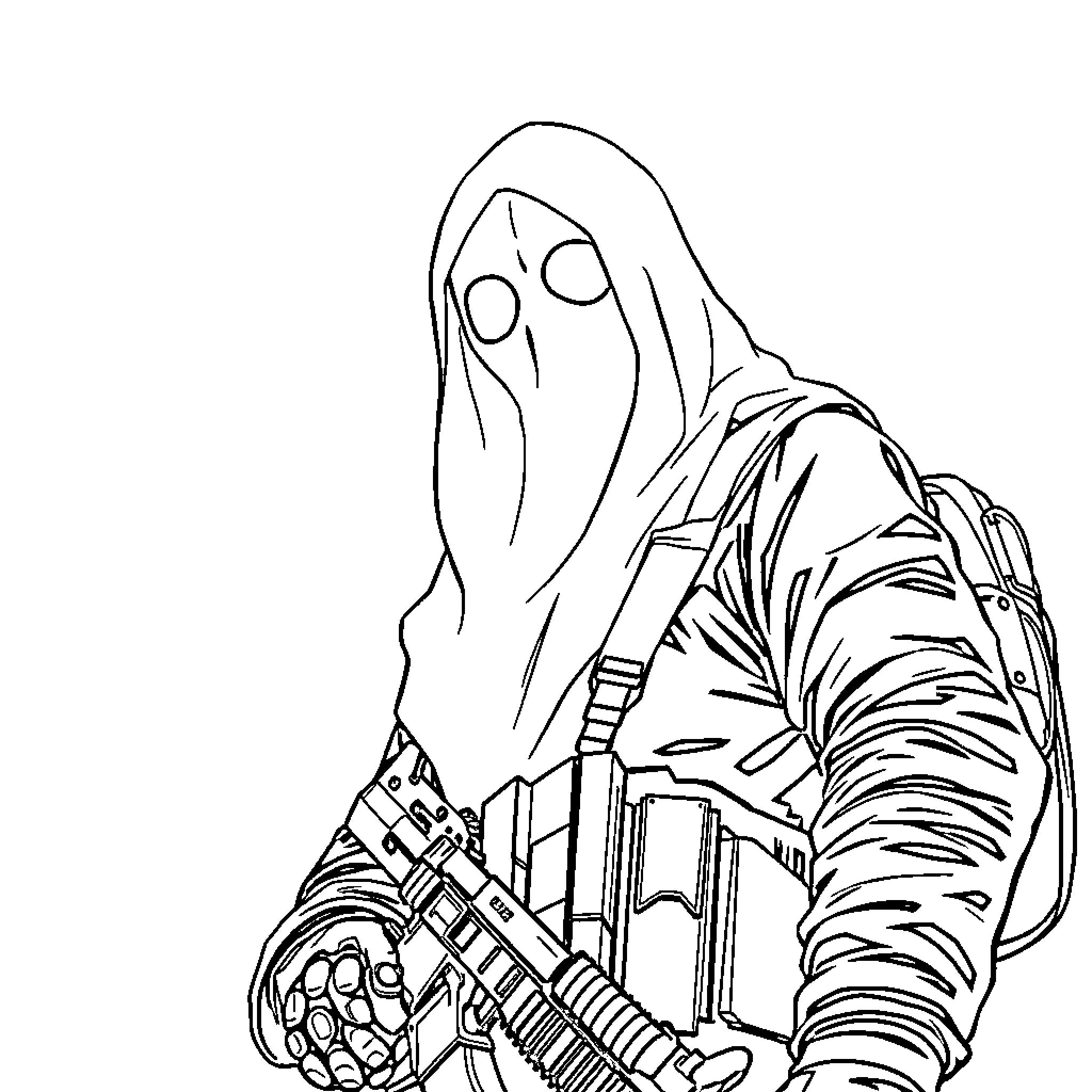 Ghost armed warrior in dark attire Coloring Page (free black-and-white line drawing printable PDF for all, from beginners to advanced learners, including children, teens, adults, and seniors)