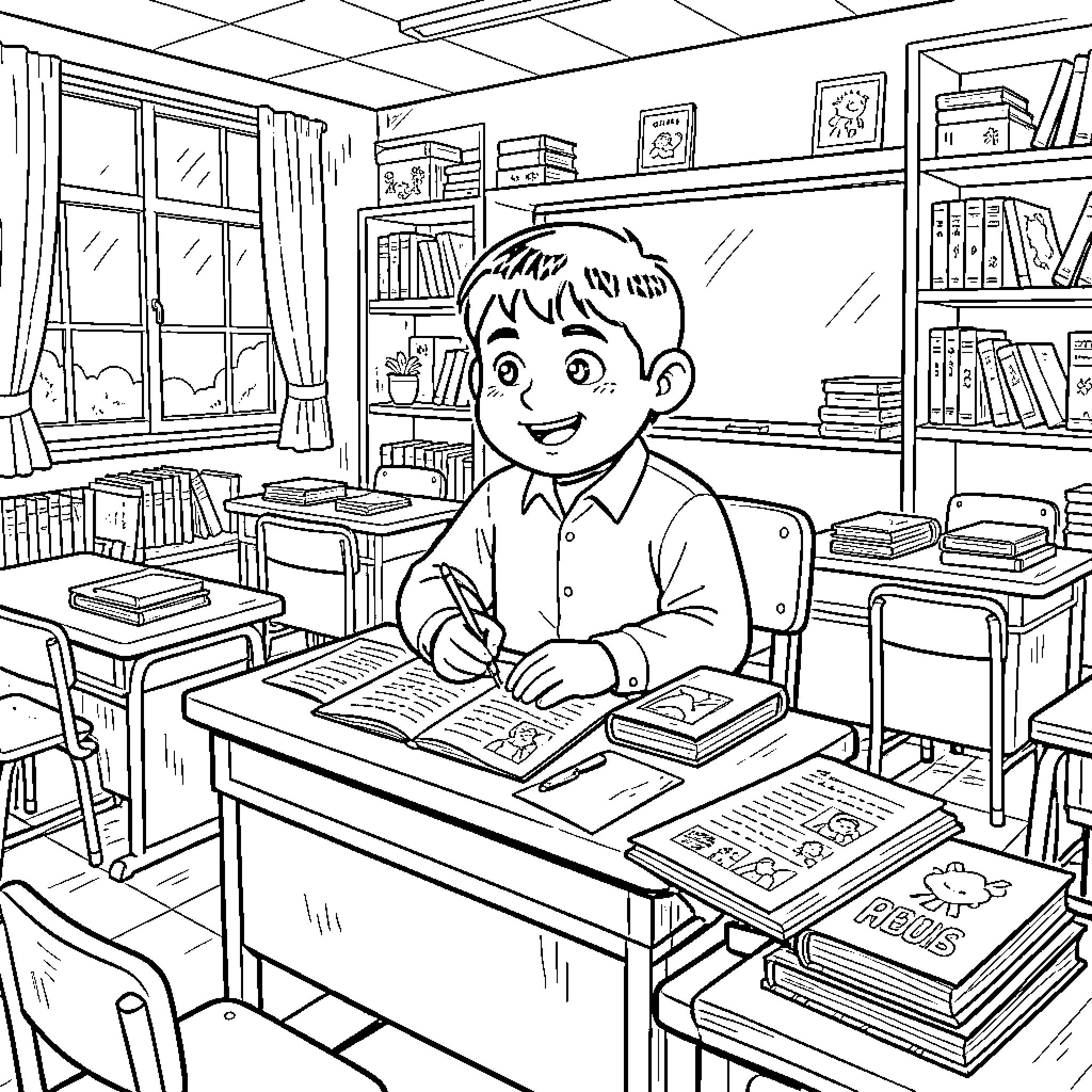 Zou boy writing happily in a classroom setting Coloring Page (free black-and-white line drawing printable PDF for all, from beginners to advanced learners, including children, teens, adults, and seniors)