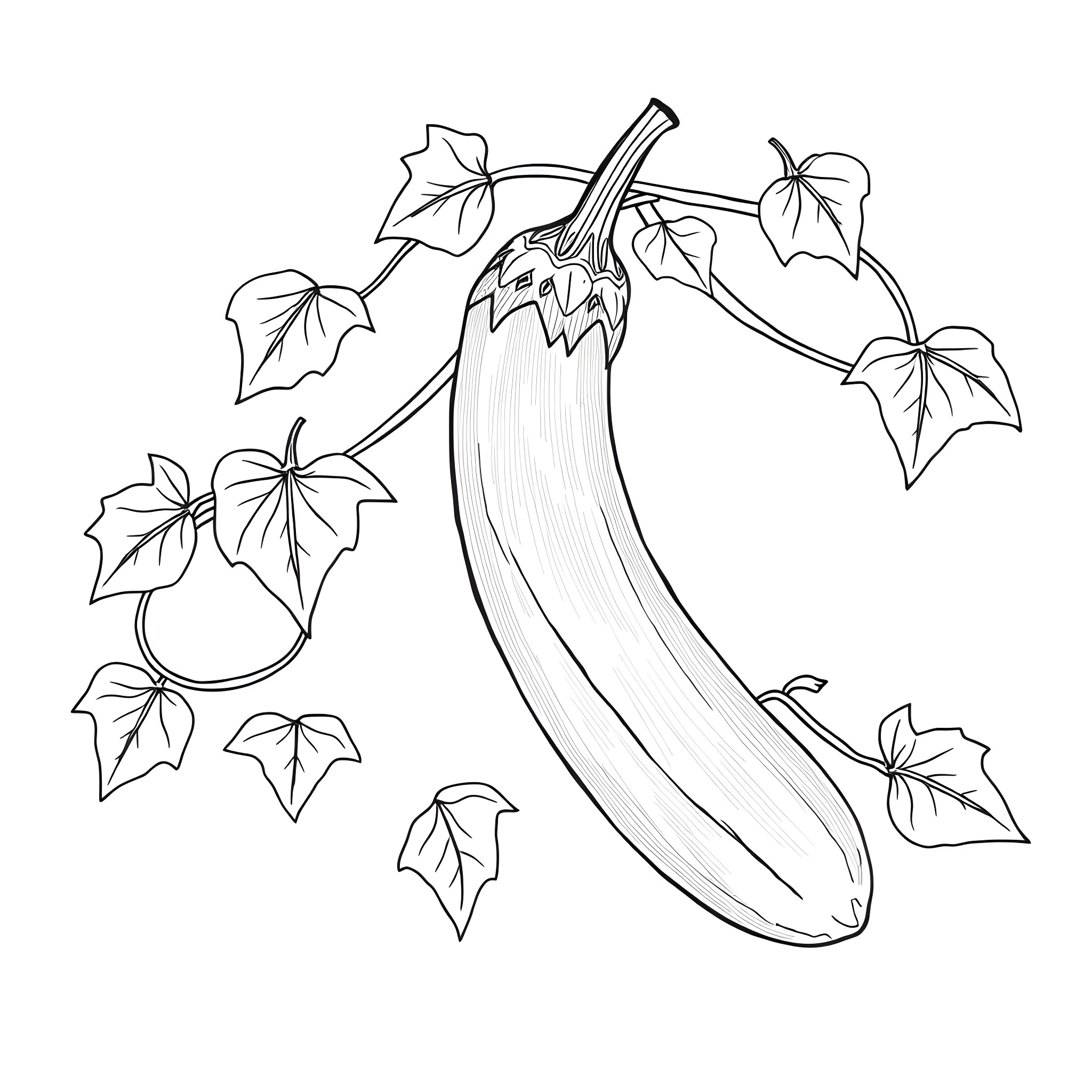 Brinjal with leaves and vines Coloring Page (free black-and-white line drawing printable PDF for all, from beginners to advanced learners, including children, teens, adults, and seniors)