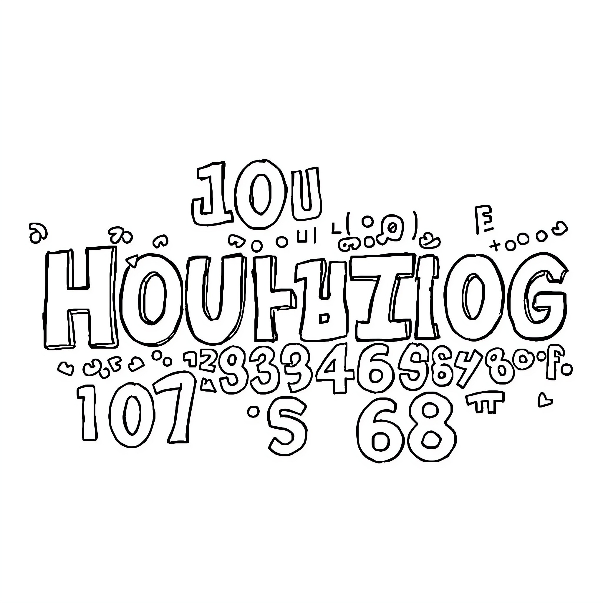 Abstract playful text and numerical characters Coloring Page (free black-and-white line drawing printable PDF for all, from beginners to advanced learners, including children, teens, adults, and seniors)