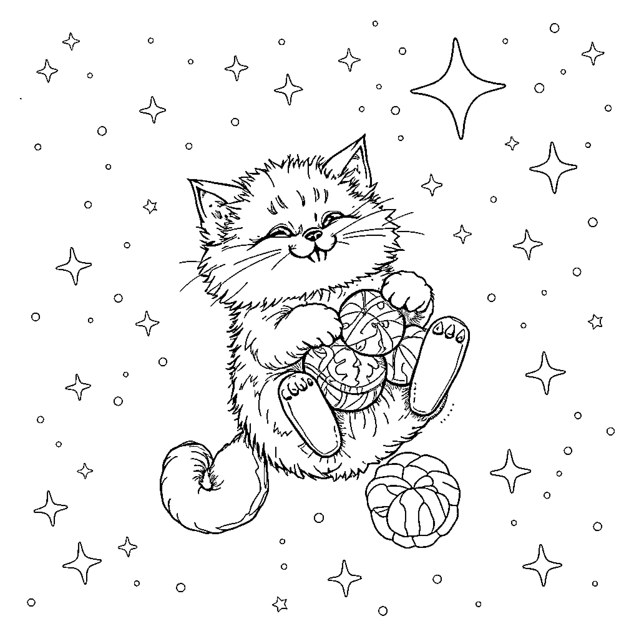 Cat playing with yarn and stars in the night Coloring Page (free black-and-white line drawing printable PDF for all, from beginners to advanced learners, including children, teens, adults, and seniors)