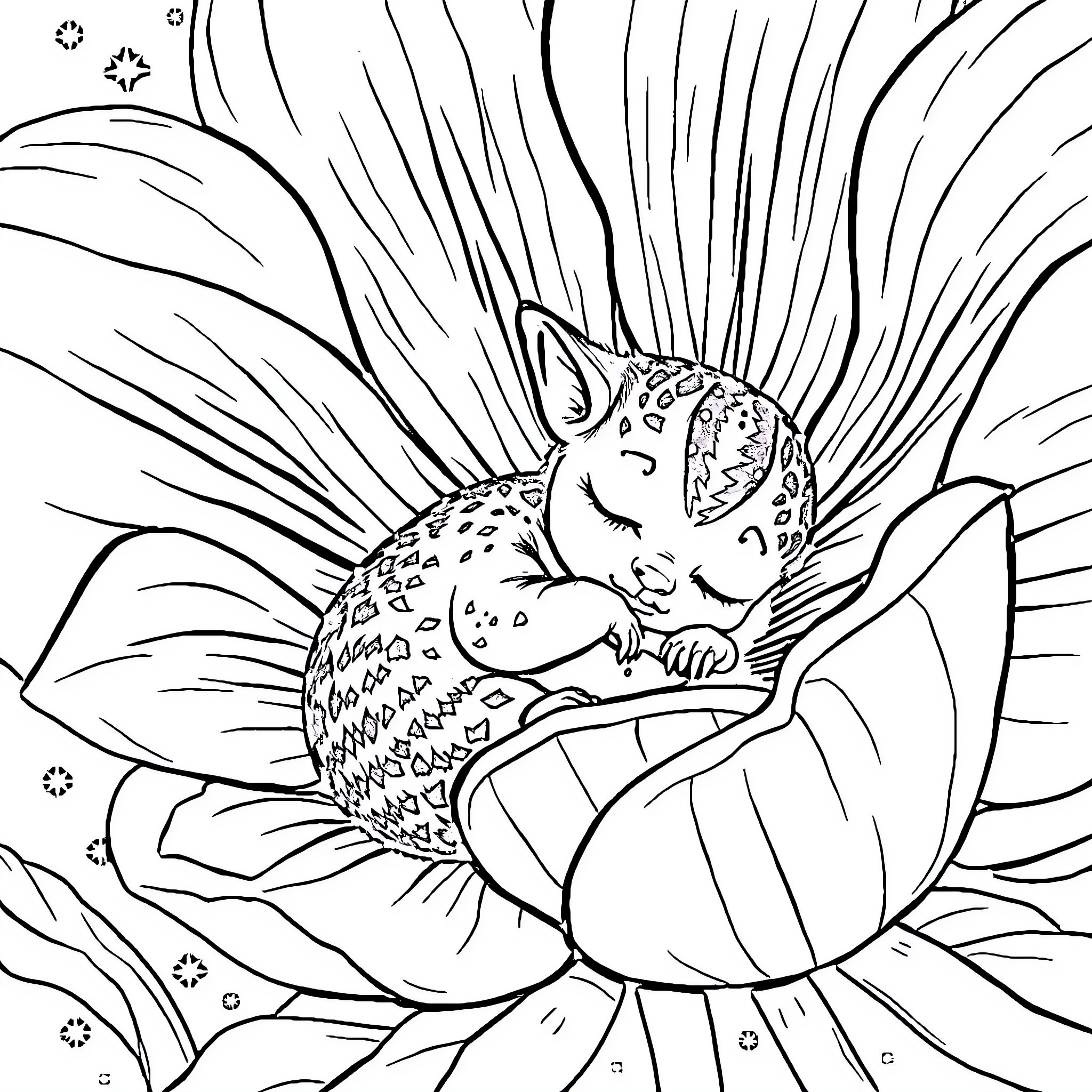 Conejito resting peacefully in a flower Coloring Page (free black-and-white line drawing printable PDF for all, from beginners to advanced learners, including children, teens, adults, and seniors)