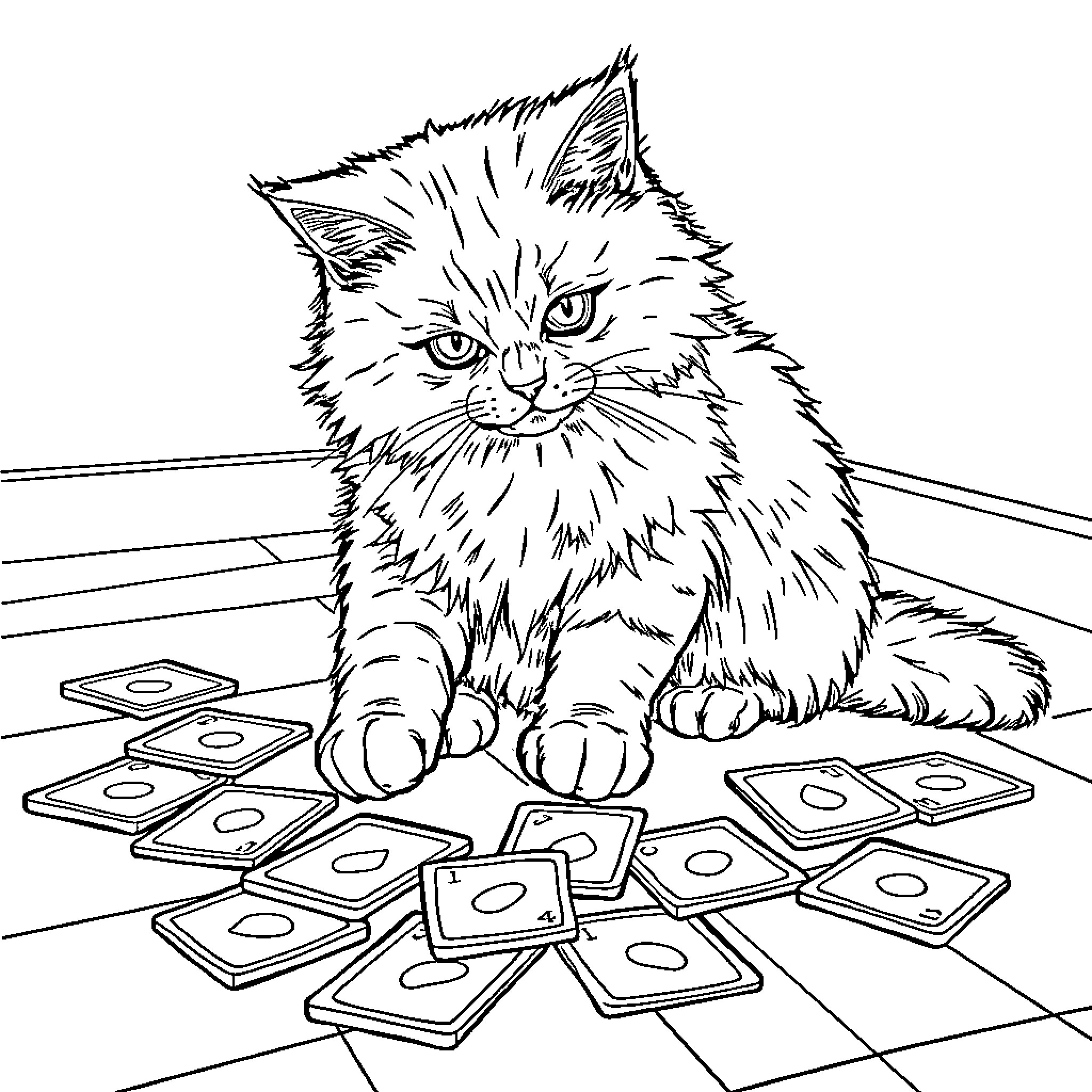 Cat playing with game pieces on the floor Coloring Page (free black-and-white line drawing printable PDF for all, from beginners to advanced learners, including children, teens, adults, and seniors)