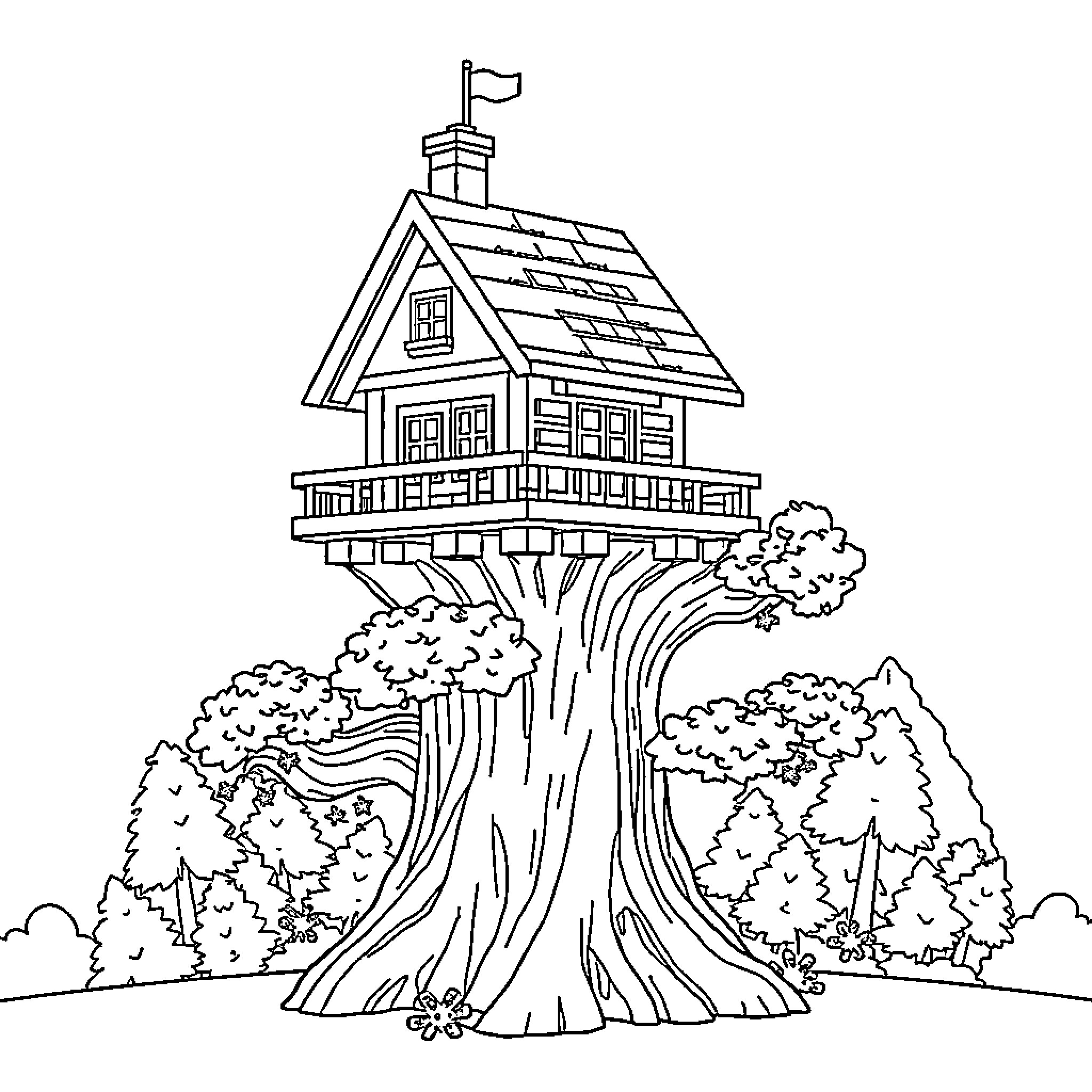 Lego treehouse with flag and nature scenery Coloring Page (free black-and-white line drawing printable PDF for all, from beginners to advanced learners, including children, teens, adults, and seniors)