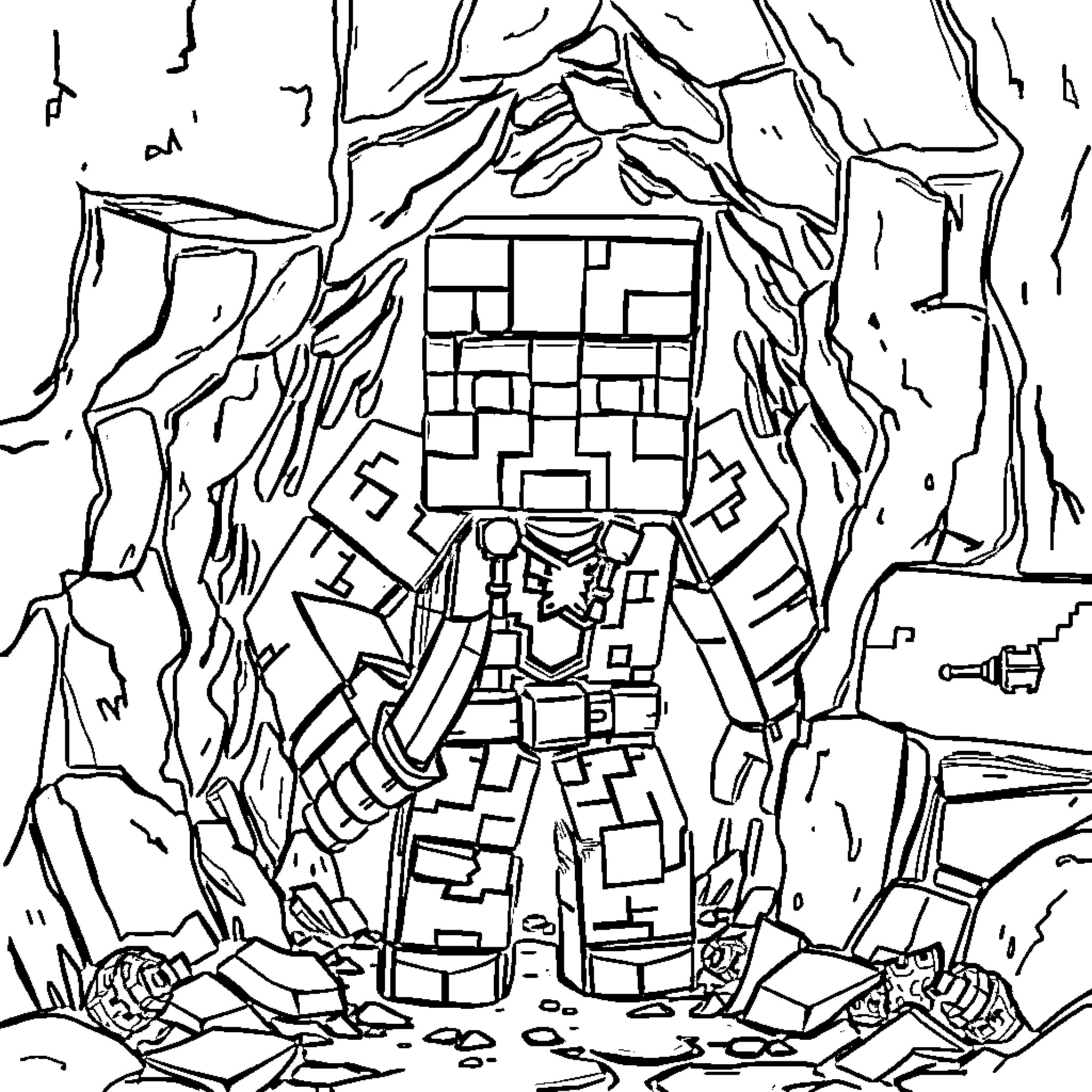 Warden Battling Foes in Treacherous Terrain Coloring Page (free black-and-white line drawing printable PDF for all, from beginners to advanced learners, including children, teens, adults, and seniors)
