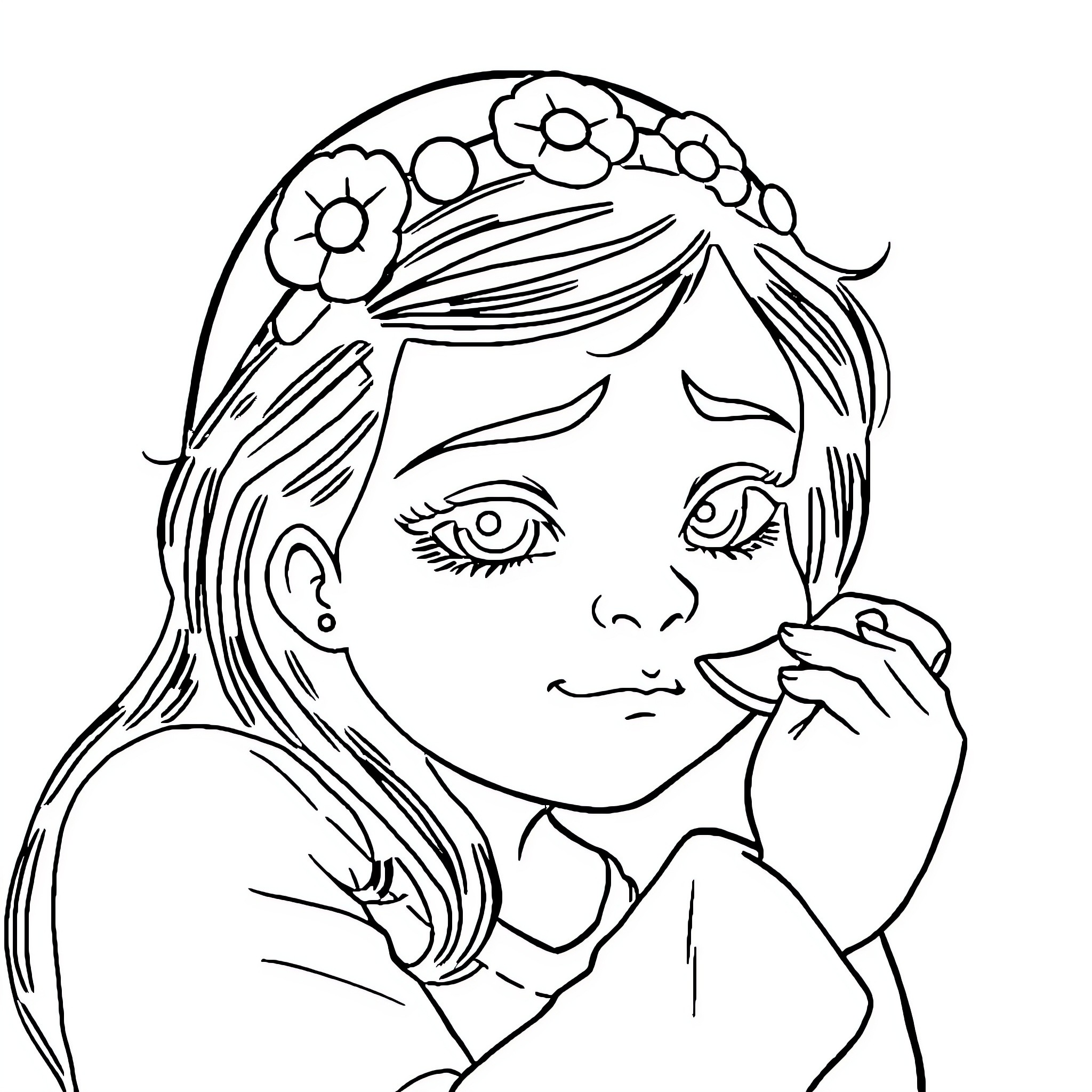 Mama with Flower Crown and Thoughtful Expression Coloring Page (free black-and-white line drawing printable PDF for all, from beginners to advanced learners, including children, teens, adults, and seniors)