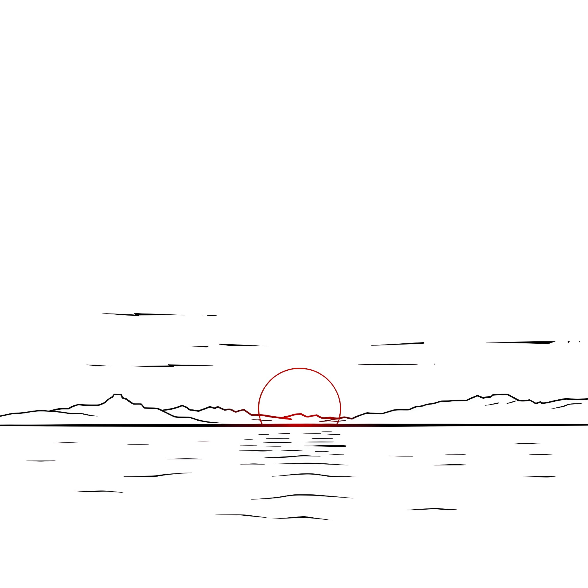Sunset over the serene coastal landscape Coloring Page (free black-and-white line drawing printable PDF for all, from beginners to advanced learners, including children, teens, adults, and seniors)
