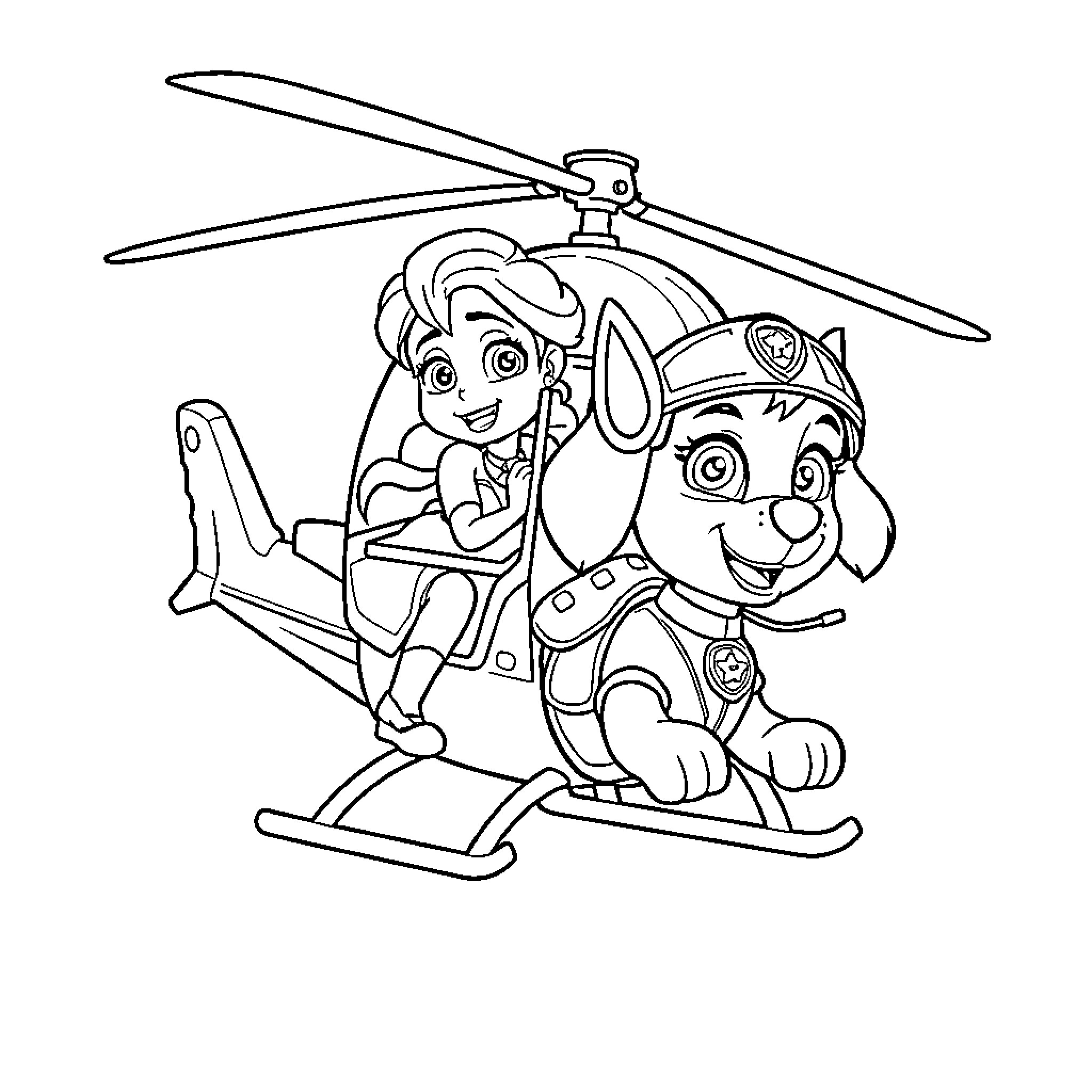 Elza and Paw Patrol Pup Riding Helicopter Coloring Page (free black-and-white line drawing printable PDF for all, from beginners to advanced learners, including children, teens, adults, and seniors)