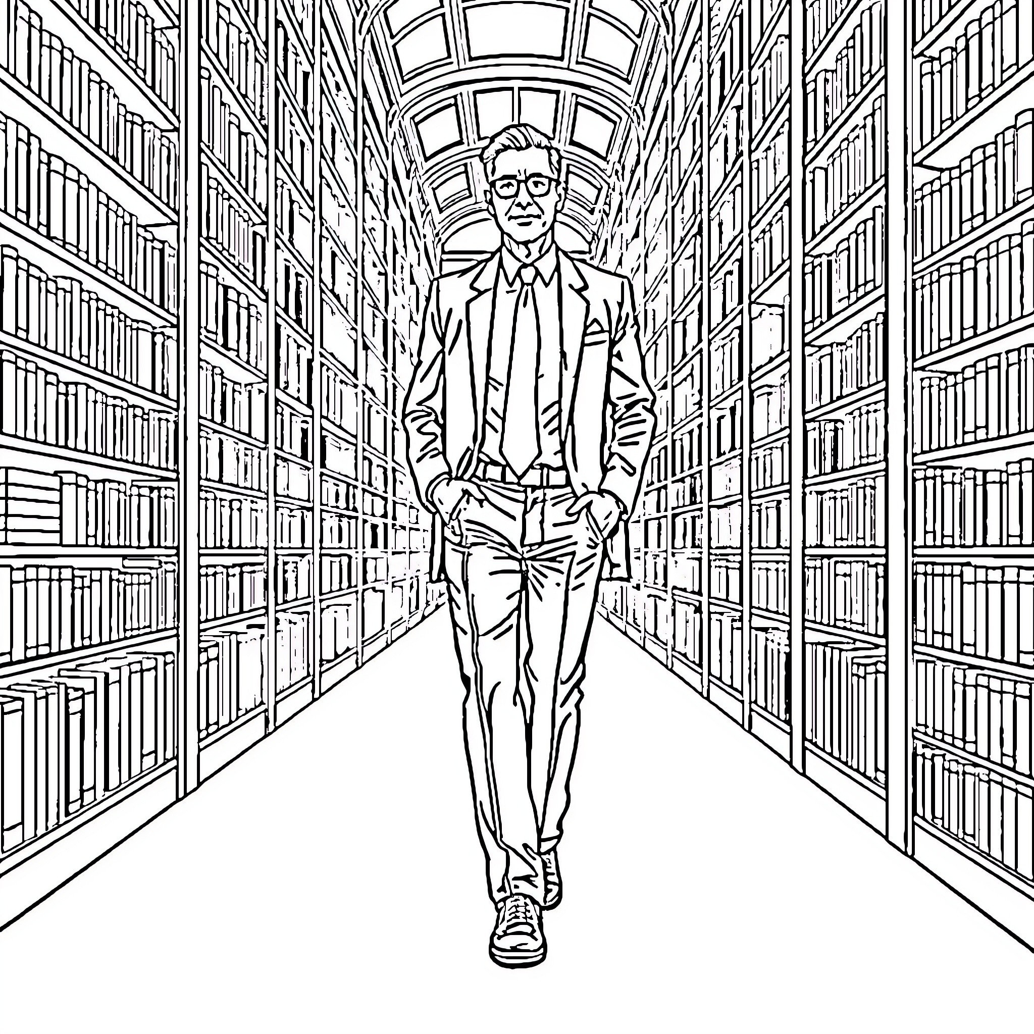 Professor Exploring Expansive Library Corridors Coloring Page (free black-and-white line drawing printable PDF for all, from beginners to advanced learners, including children, teens, adults, and seniors)
