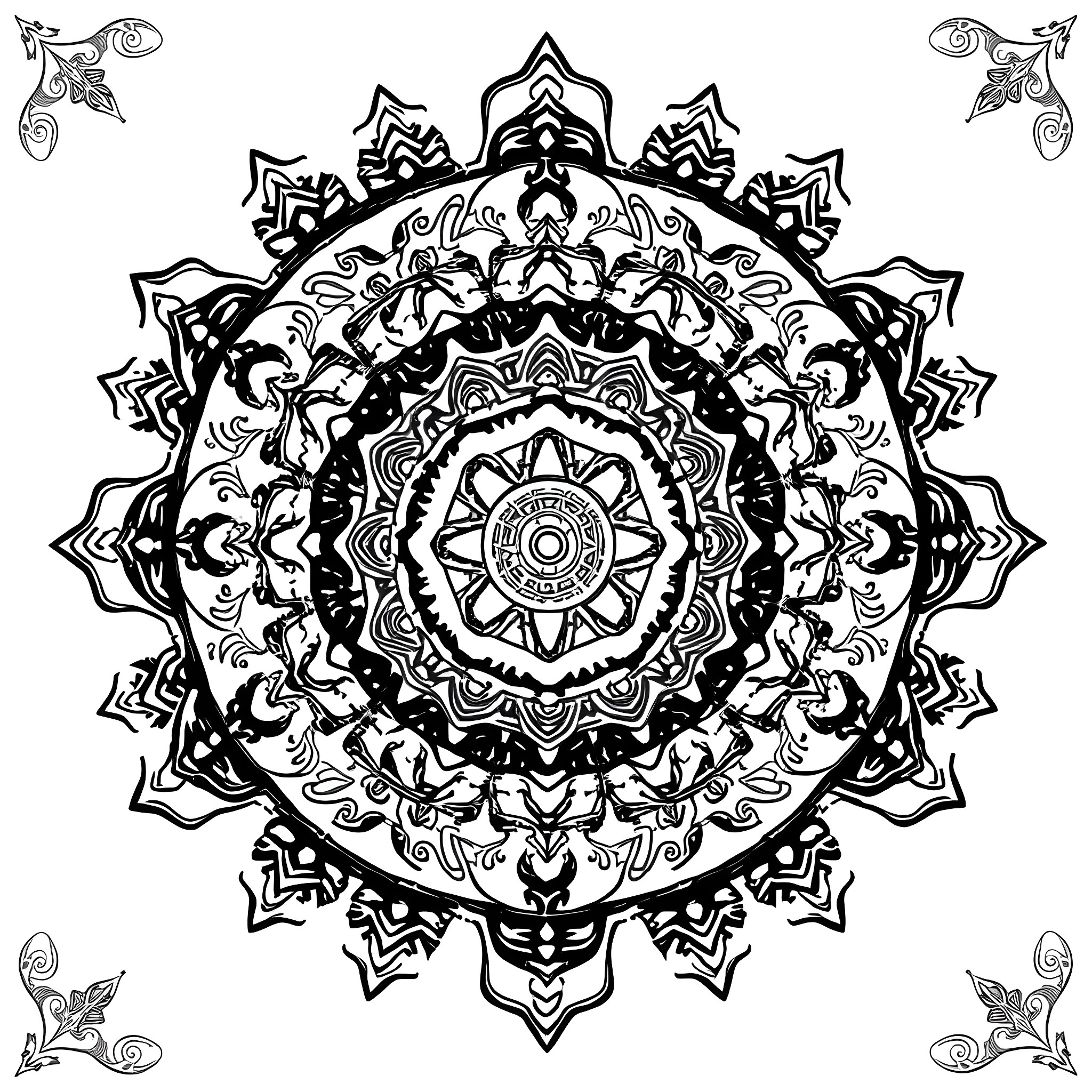 Mandala with intricate floral patterns and geometric designs Coloring Page (free black-and-white line drawing printable PDF for all, from beginners to advanced learners, including children, teens, adults, and seniors)