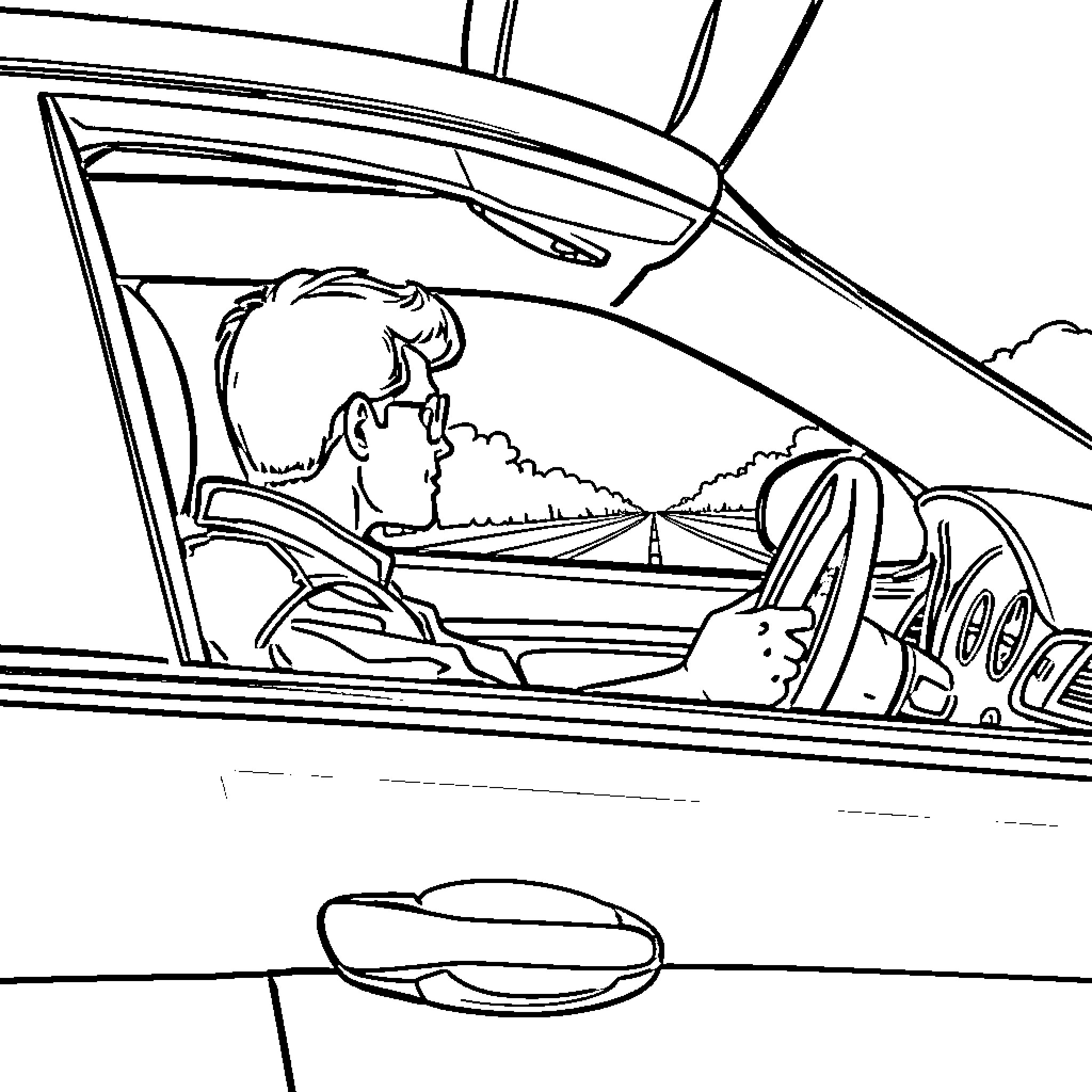 Person driving a car through the countryside Coloring Page (free black-and-white line drawing printable PDF for all, from beginners to advanced learners, including children, teens, adults, and seniors)
