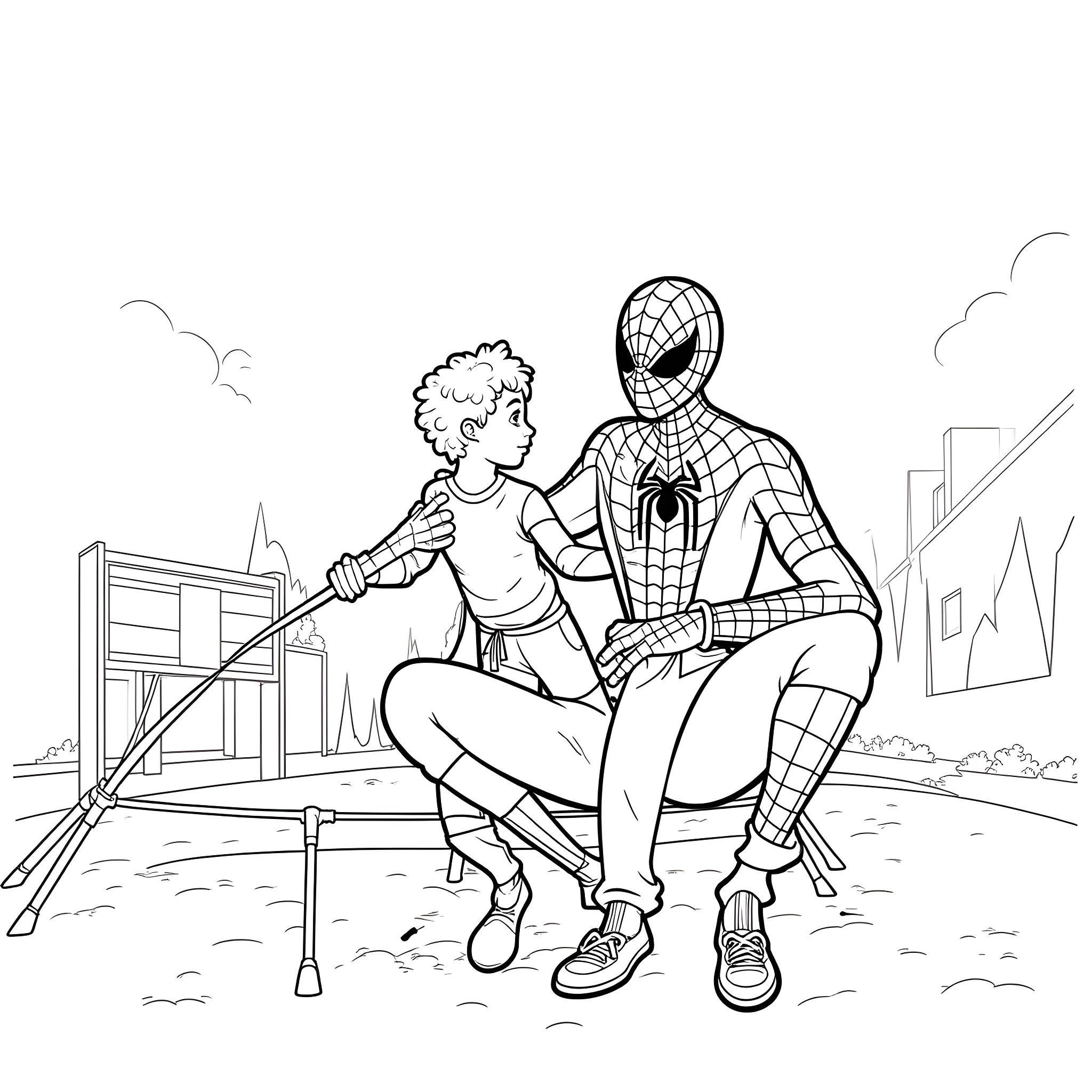 Spiderman helping a young boy with his mobility aid Coloring Page (free black-and-white line drawing printable PDF for all, from beginners to advanced learners, including children, teens, adults, and seniors)