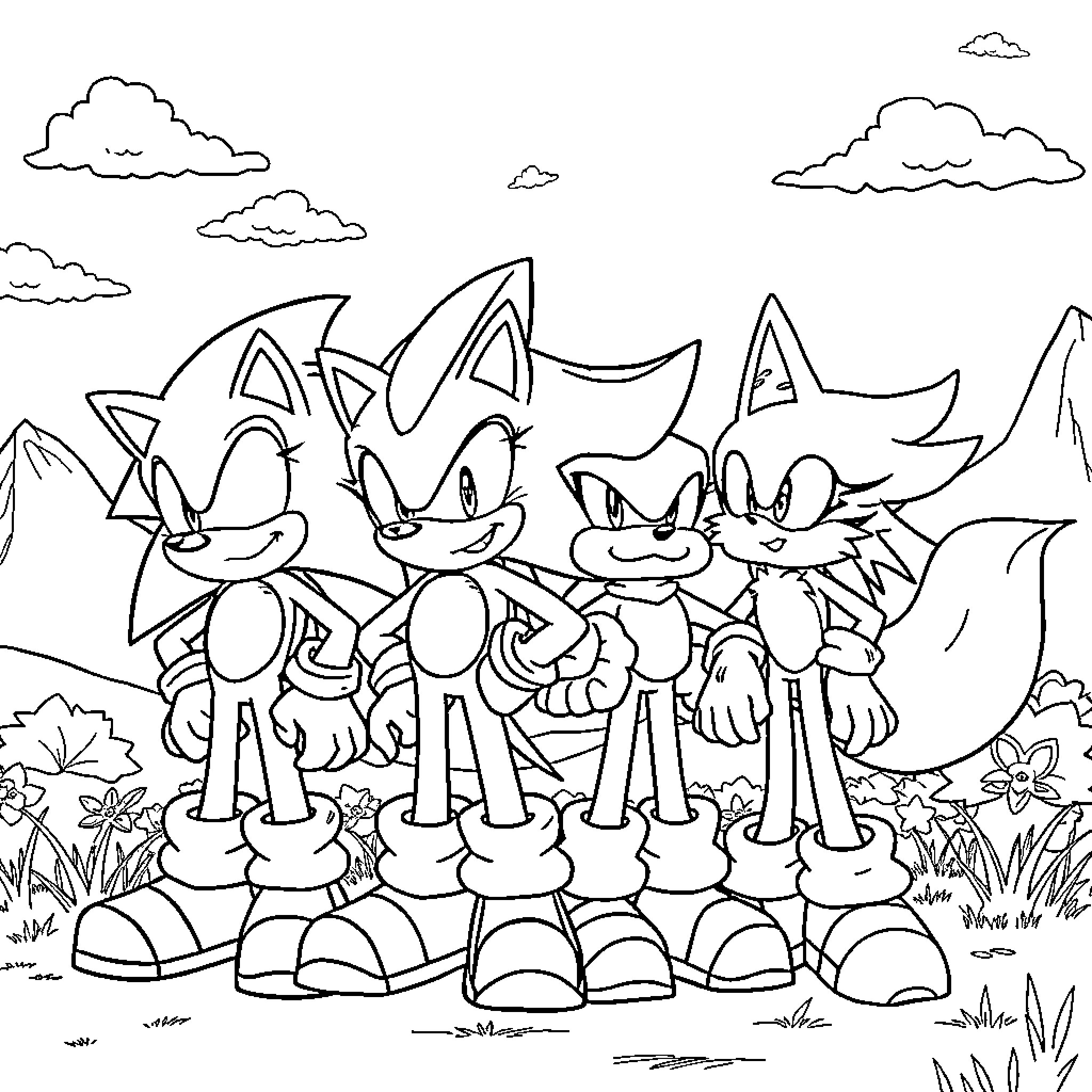 Sonic characters in adventurous outdoor scene Coloring Page (free black-and-white line drawing printable PDF for all, from beginners to advanced learners, including children, teens, adults, and seniors)