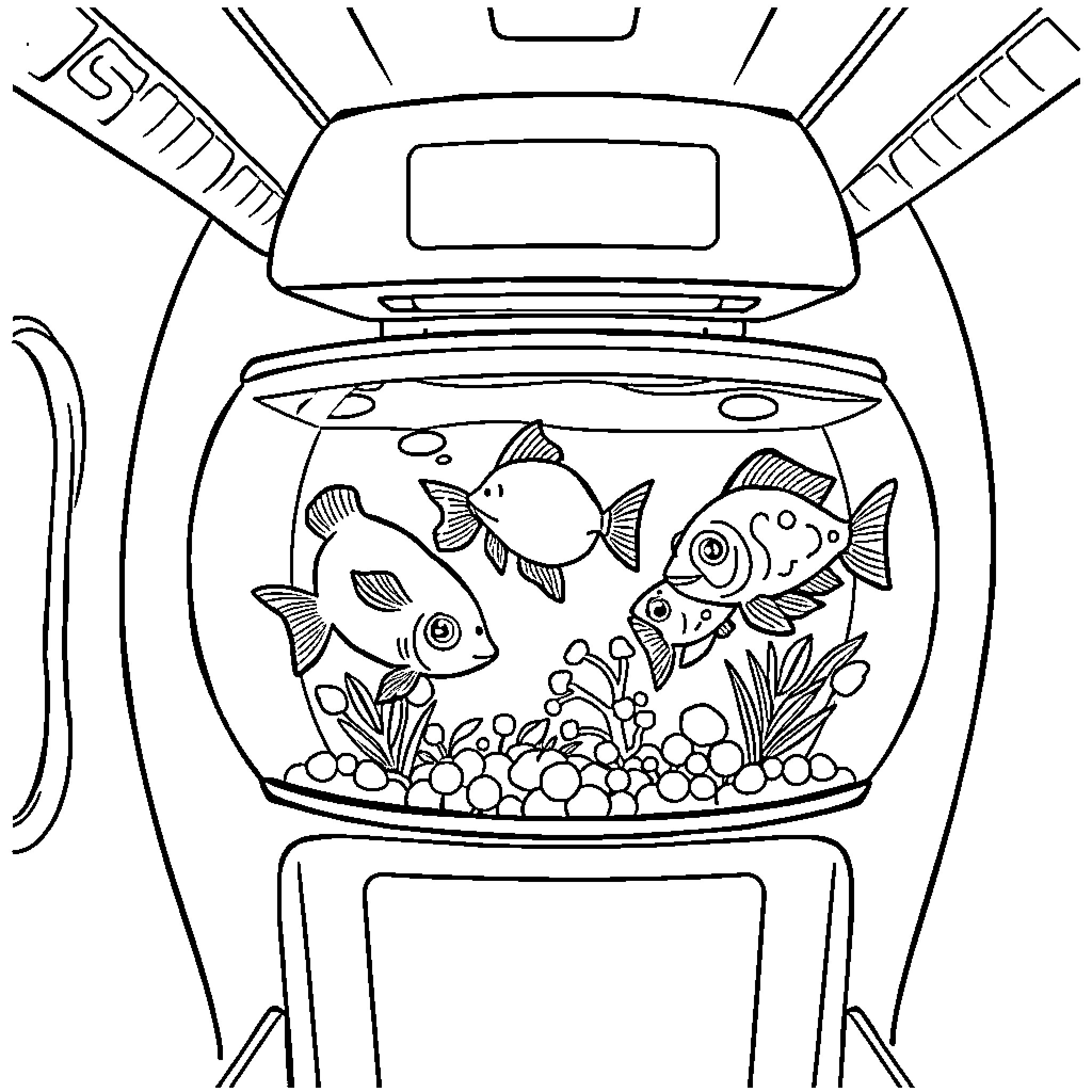 Fish swimming in an aquarium Coloring Page (free black-and-white line drawing printable PDF for all, from beginners to advanced learners, including children, teens, adults, and seniors)